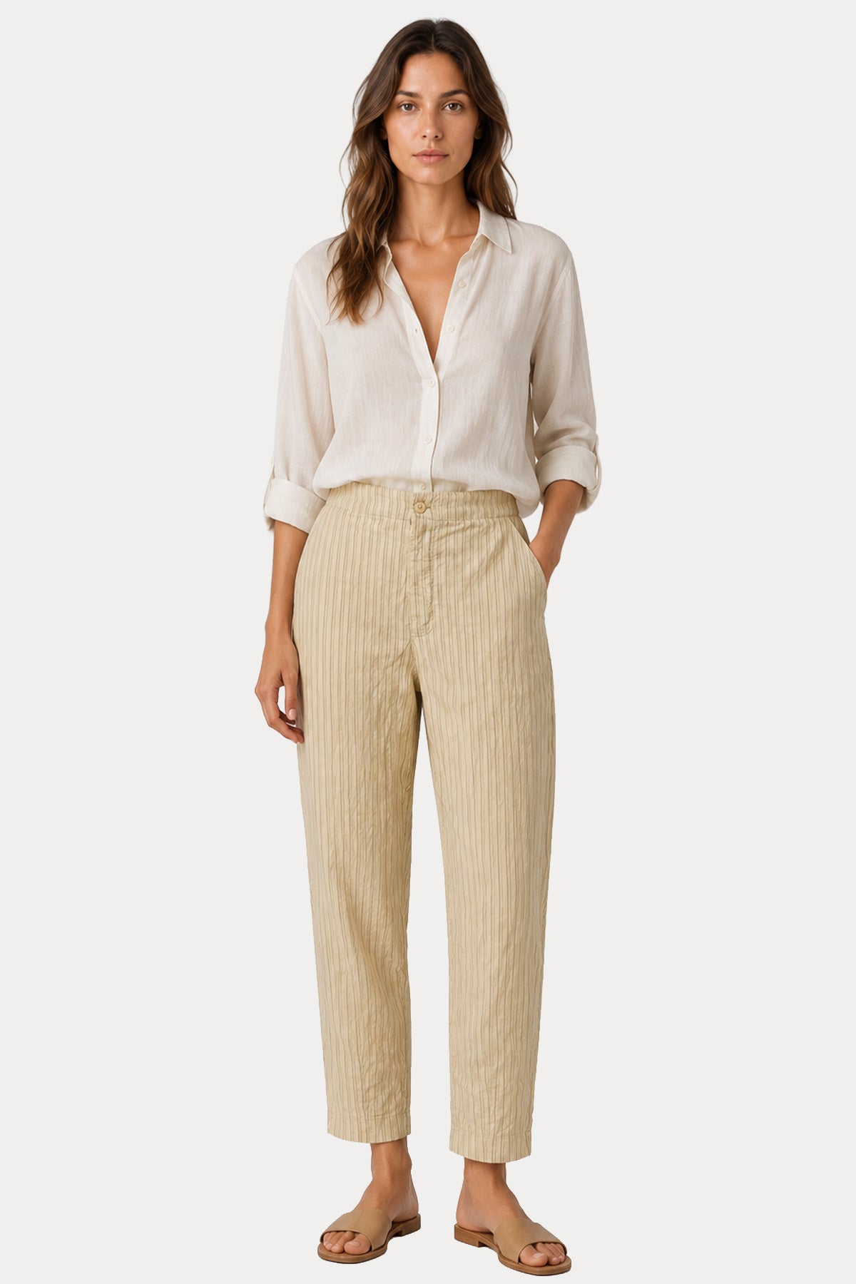 Transit Relaxed Fit Beli Lastikli Yandan Cepli Çizgili Pantolon