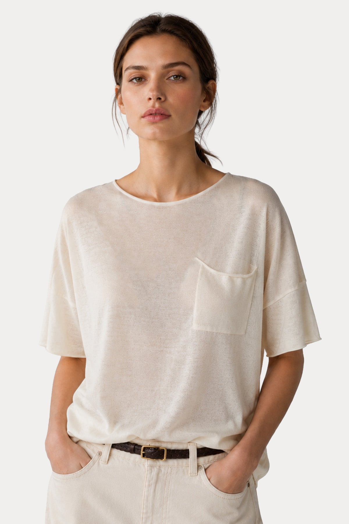 Transit Relaxed Fit İnce Örgü Cep Detaylı T-shirt
