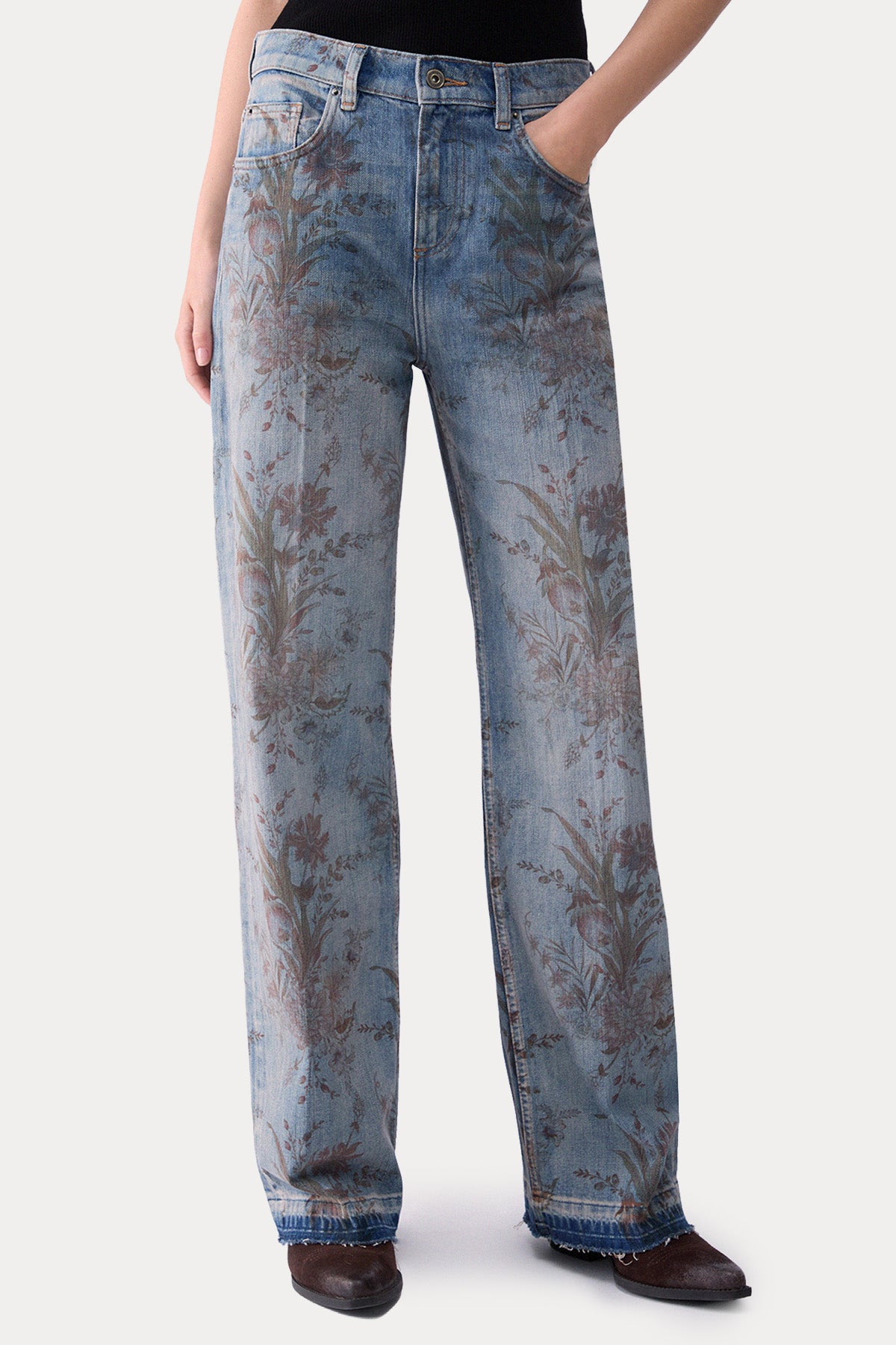 Liu Jo Wide Leg Çiçek Desenli Yıkamalı Jeans