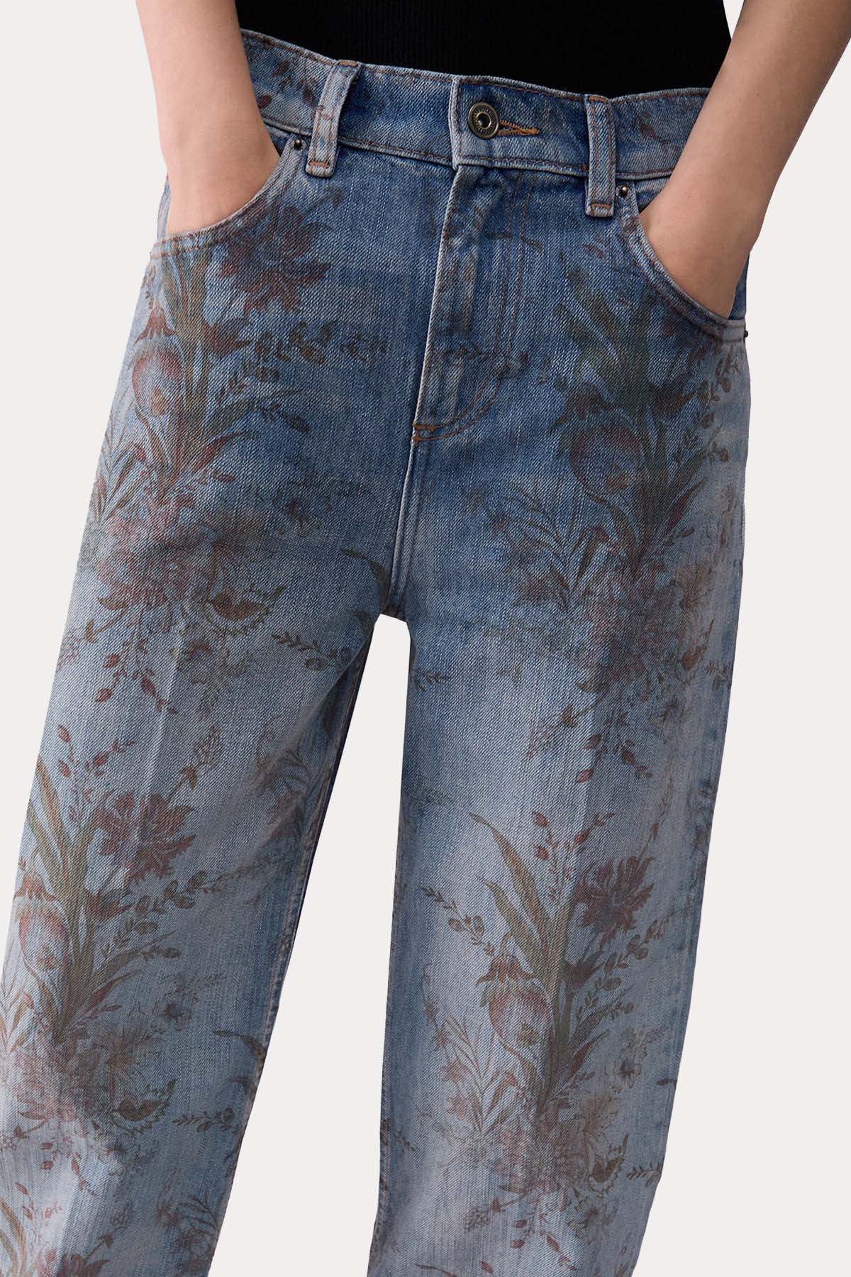 Liu Jo Wide Leg Çiçek Desenli Yıkamalı Jeans