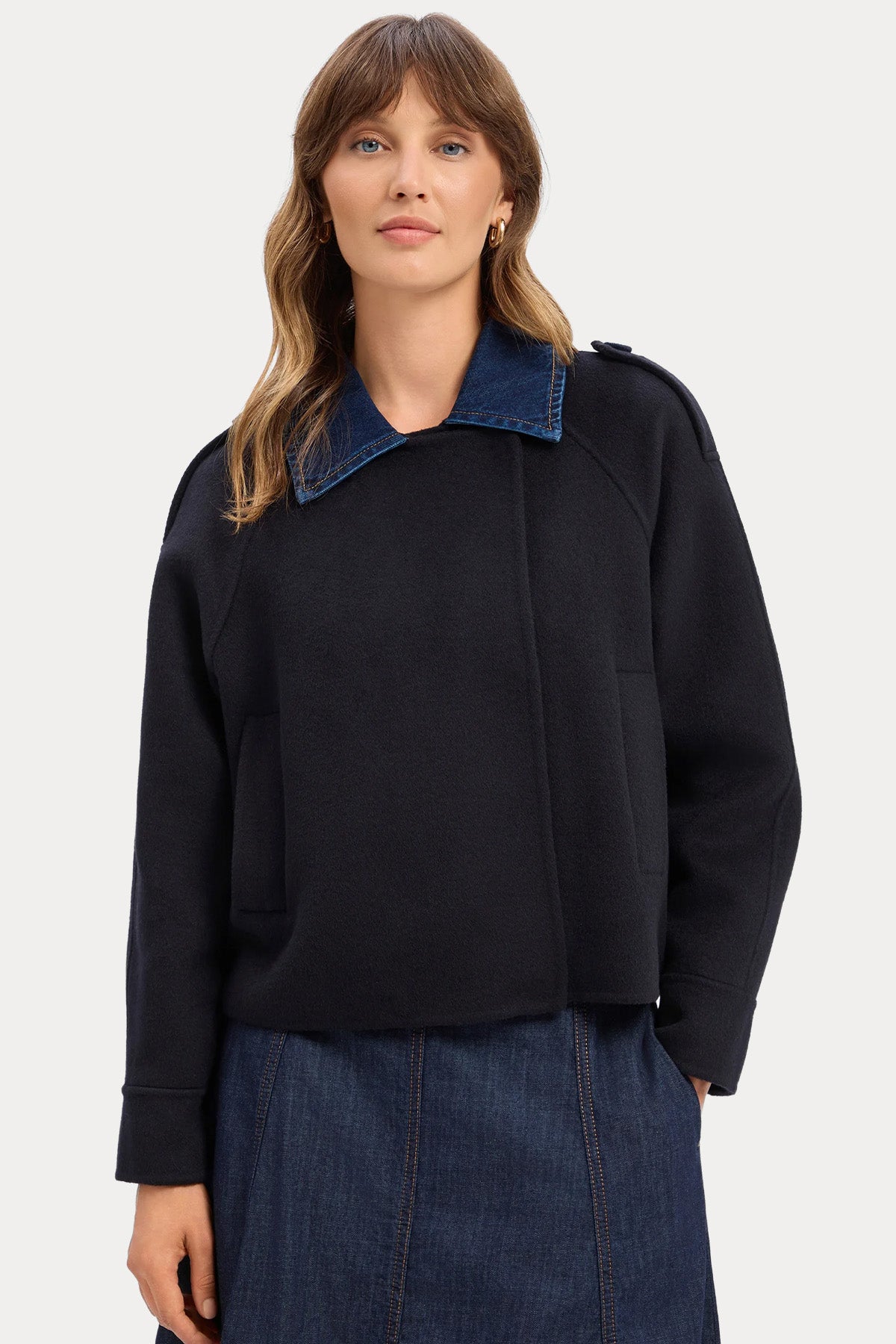 Liu Jo Relaxed Fit Denim Detaylı Yün Kruvaze Kısa Kaban