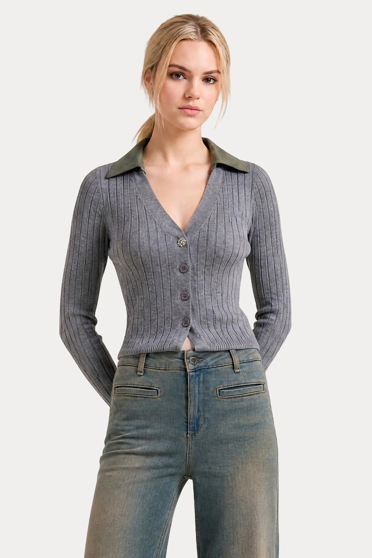 Liu Jo Slim Fit Polo V Yaka Fitilli Triko Ceket