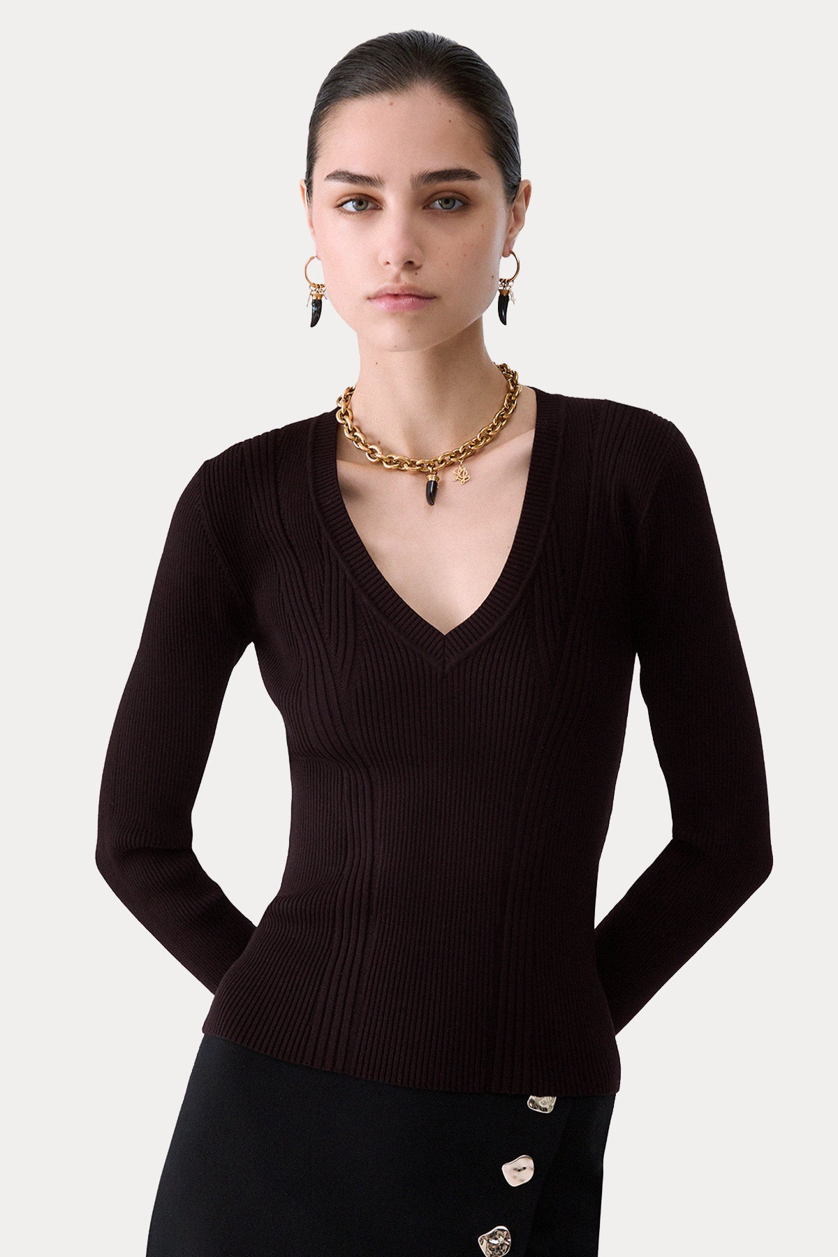 Liu Jo Slim Fit V Yaka Sırt Dekolteli Fitilli Örgü Triko