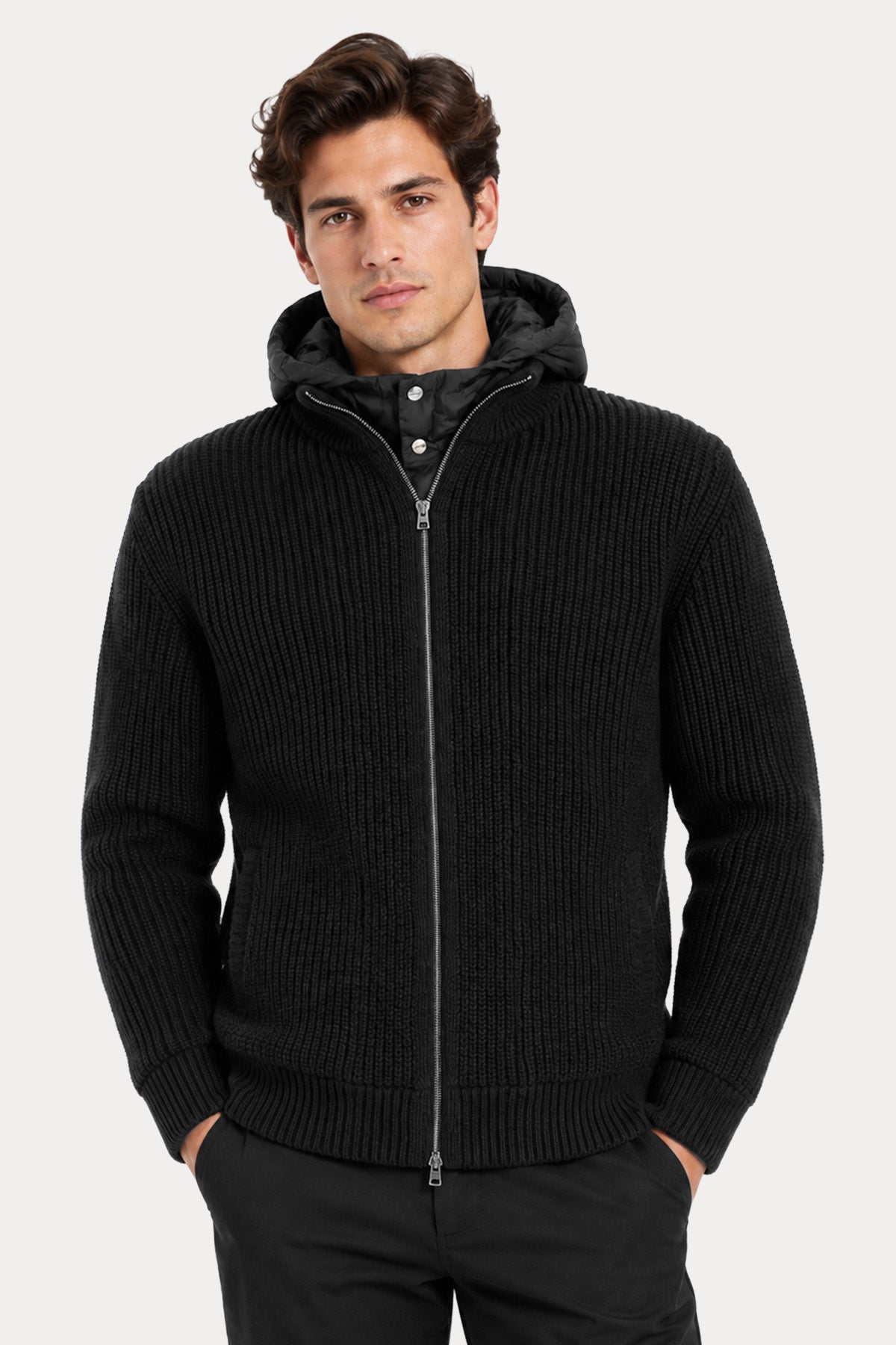 Herno Regular Fit Kapüşonlu Puffer İç Parçalı Örgü Yün Ceket