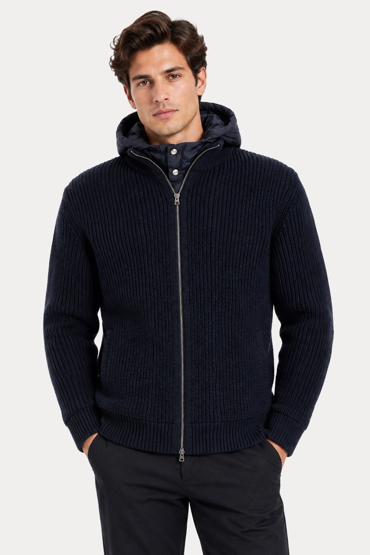Herno Regular Fit Kapüşonlu Puffer İç Parçalı Örgü Yün Ceket