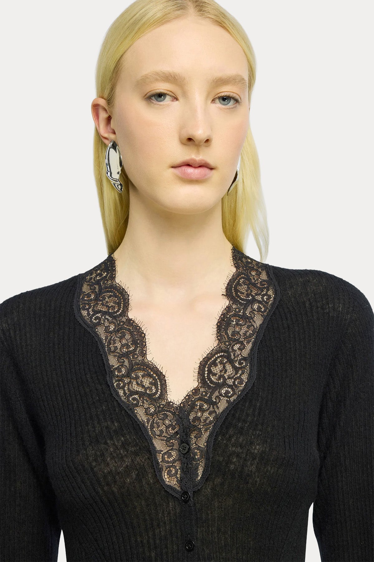 Semicouture Regular Fit Dantel Detaylı İnce Örgü Kaşmir Yün Triko