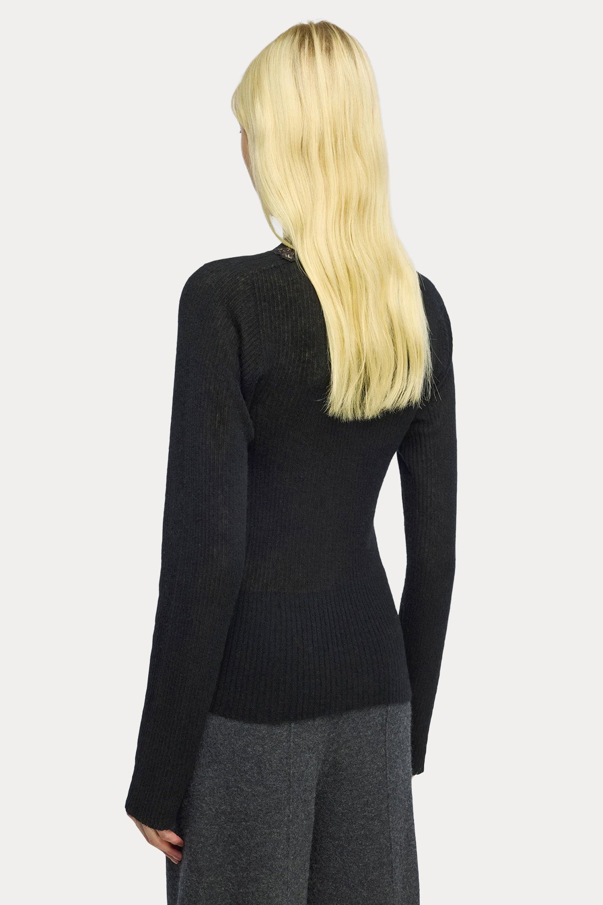 Semicouture Regular Fit Dantel Detaylı İnce Örgü Kaşmir Yün Triko