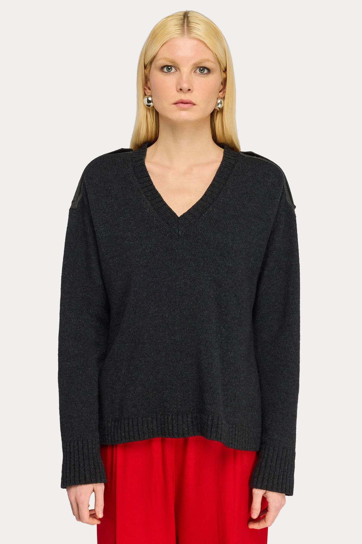 Semicouture Relaxed Fit V Yaka İnce Örgü Yün Triko