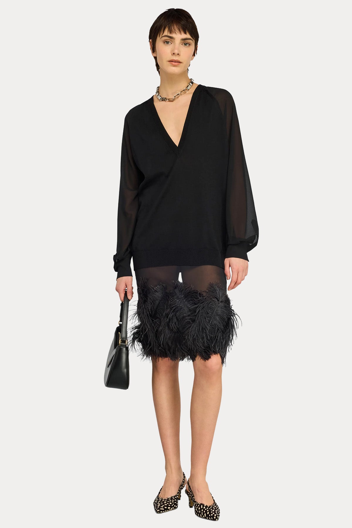 Semicouture Relaxed Fit V Yaka İnce Örgü Yün Triko Bluz