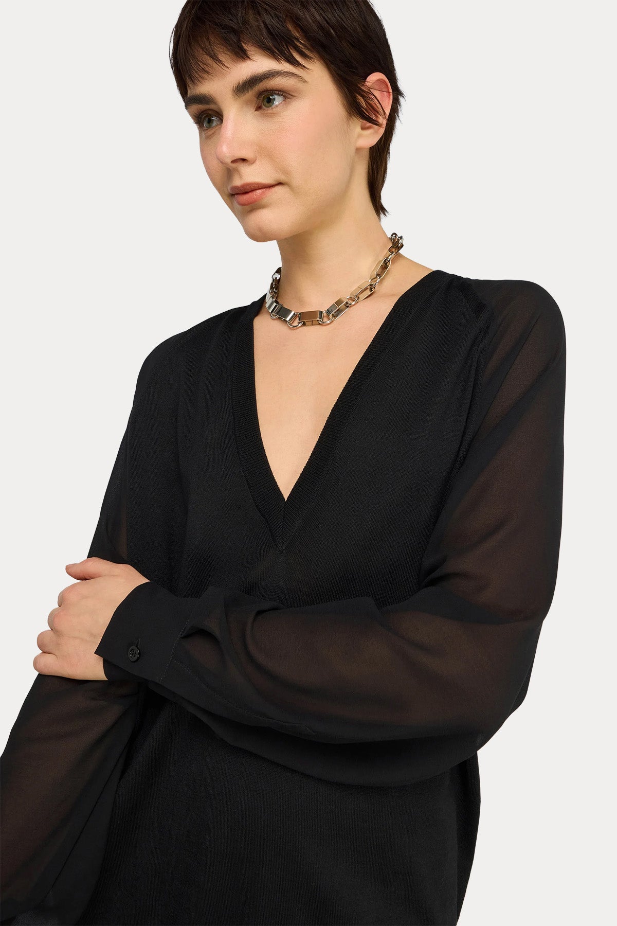 Semicouture Relaxed Fit V Yaka İnce Örgü Yün Triko Bluz