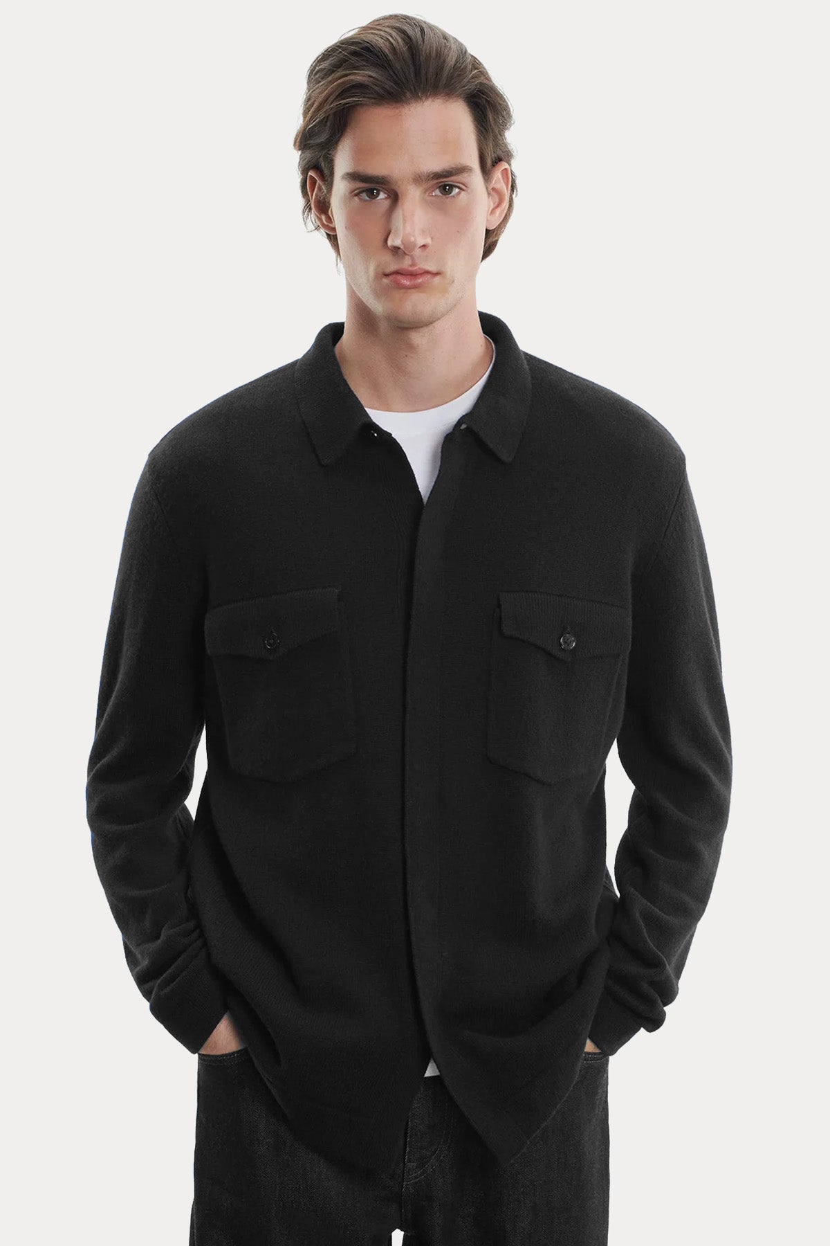 Majestic Relaxed Fit Triko İnce Örgü Yün Gömlek Ceket