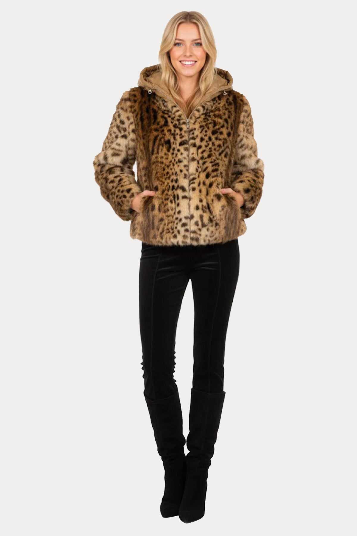 Rene Derhy Leopar Desenli Kapüşonlu Peluş Ceket