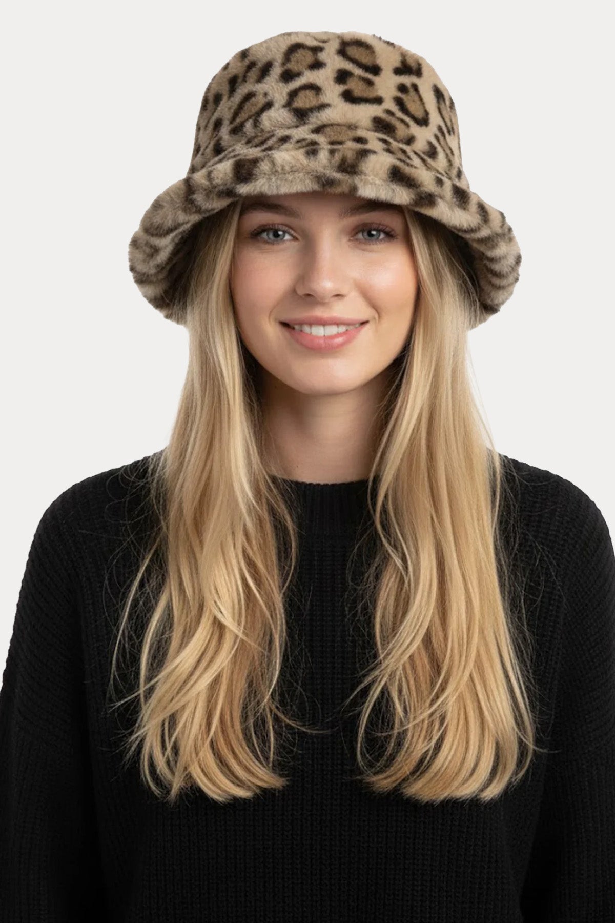 Rene Derhy Leopar Desenli Peluş Bucket Şapka