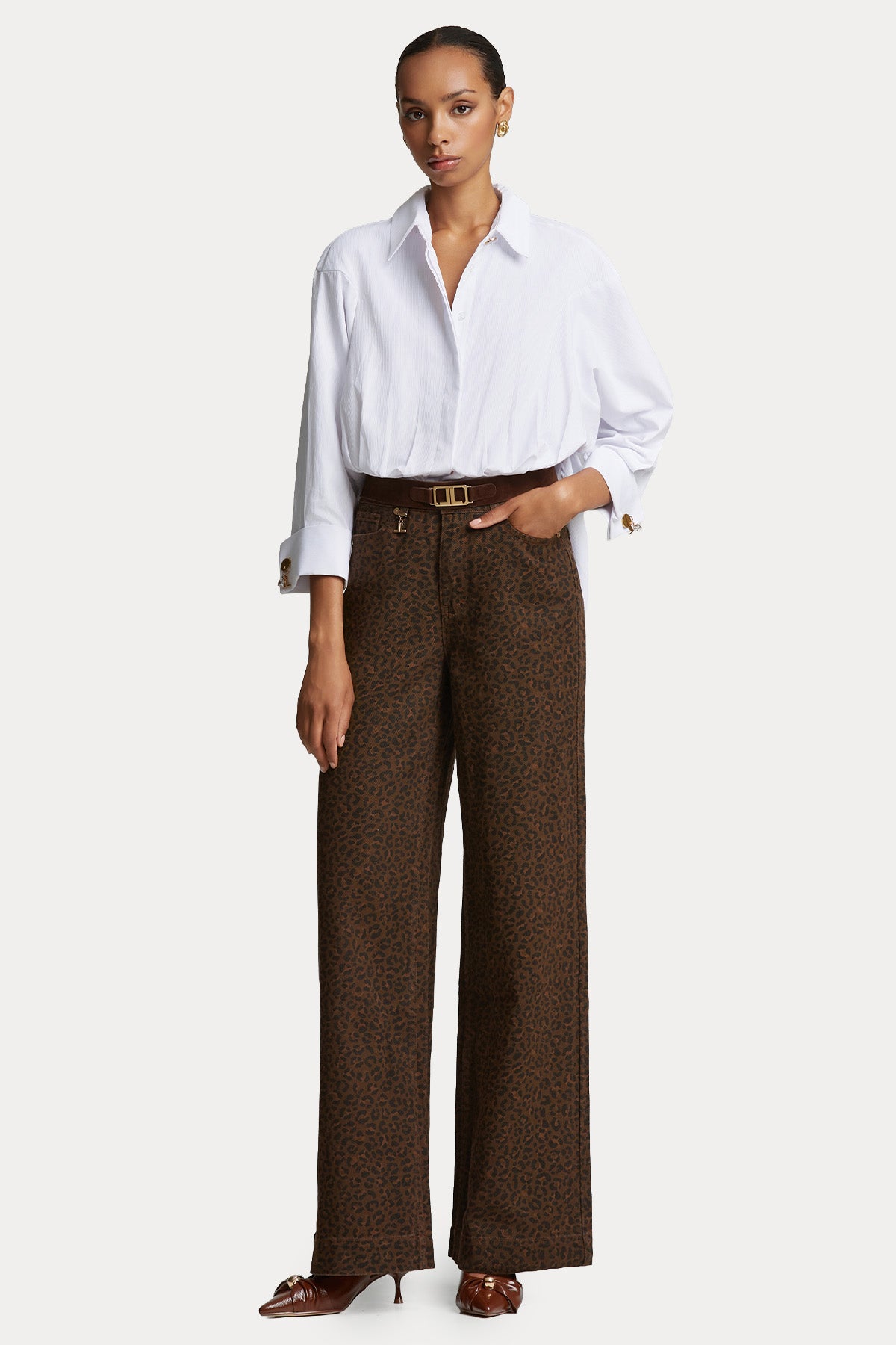 Lynne Wide Leg Yüksek Bel Leopar Desenli Pantolon
