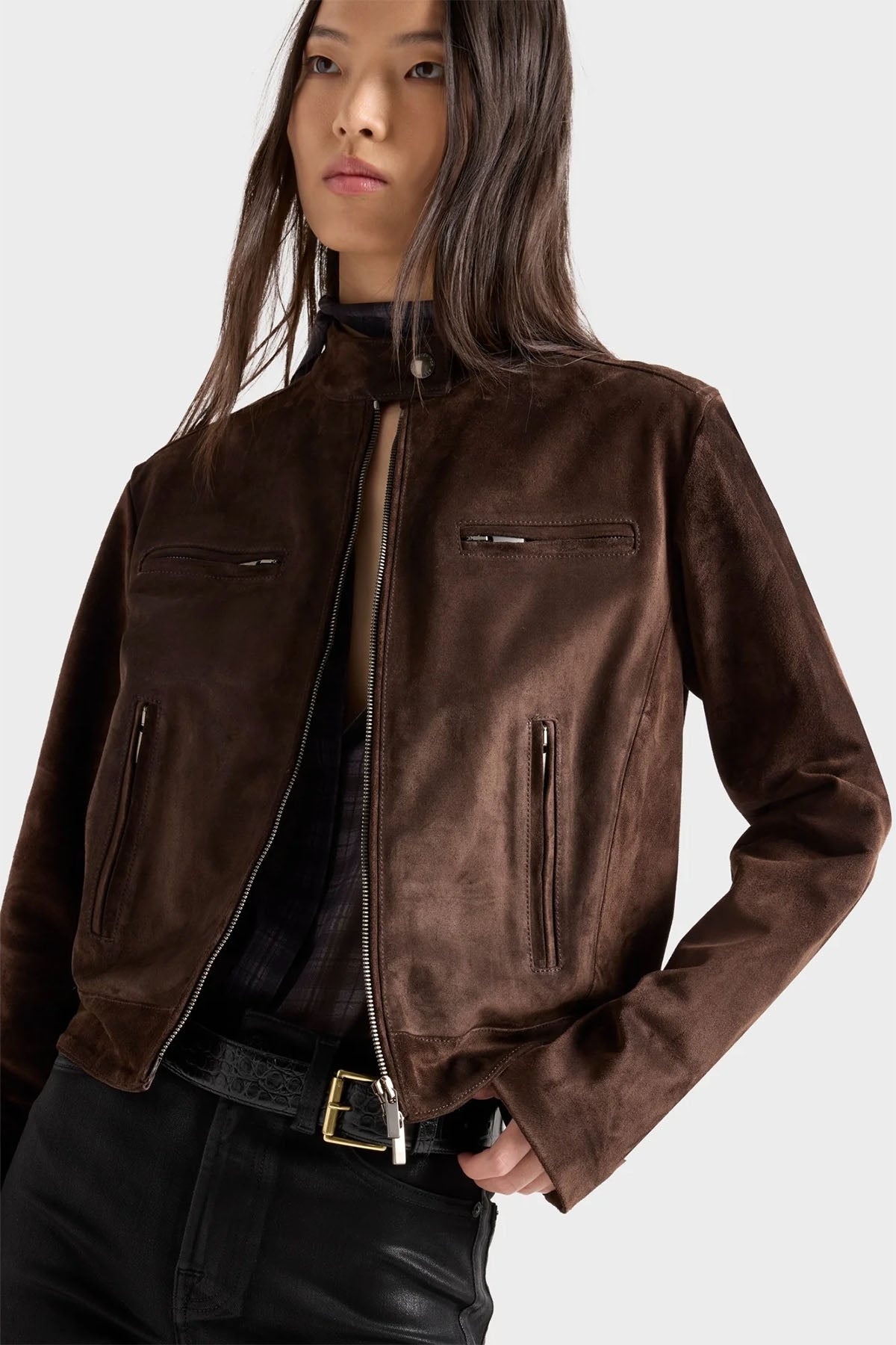 7 For All Mankind Regular Fit Süet Deri Biker Ceket