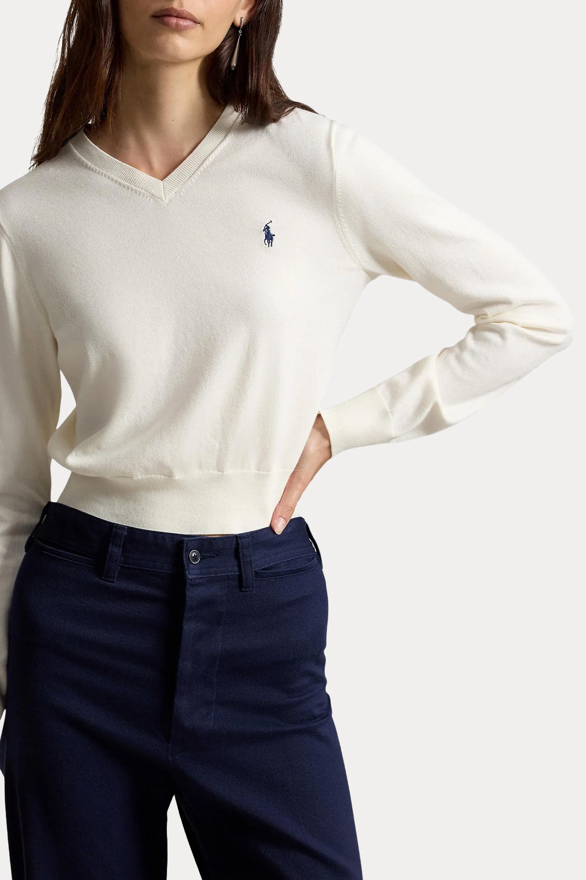 Polo Ralph Lauren Cropped Slim Fit V Yaka İnce Örgü Triko