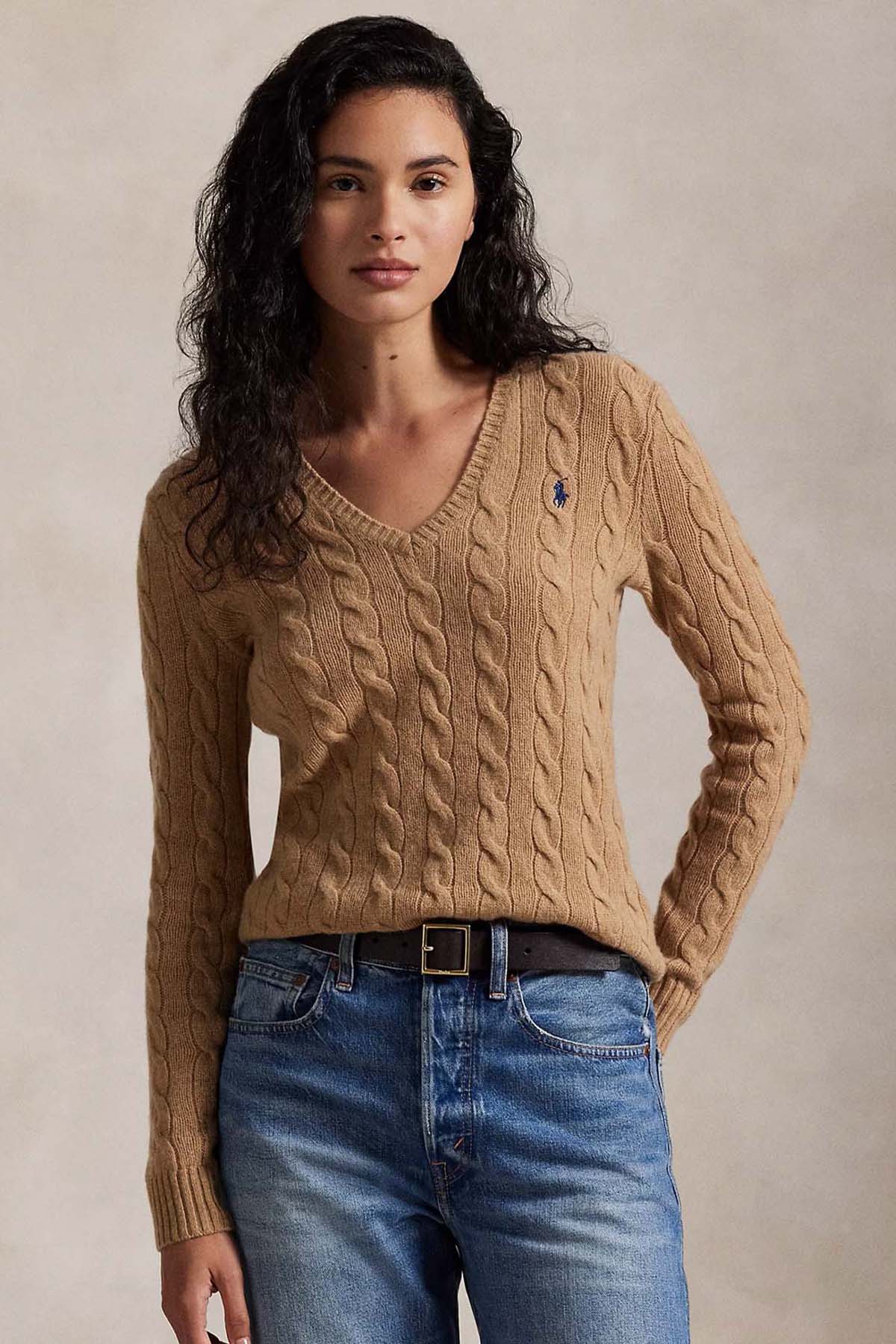 Polo Ralph Lauren Slim Fit V Yaka Saç Örgü Kaşmir Yün Triko