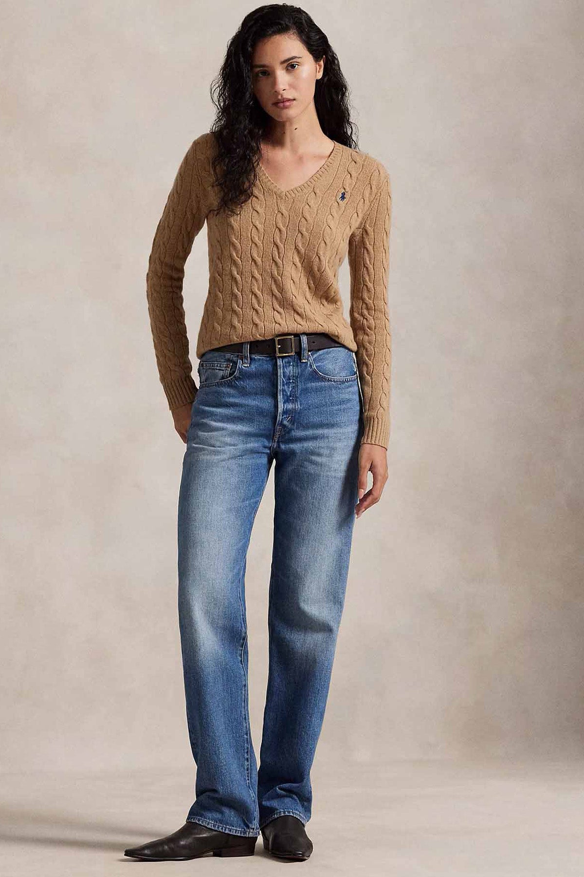 Polo Ralph Lauren Slim Fit V Yaka Saç Örgü Kaşmir Yün Triko