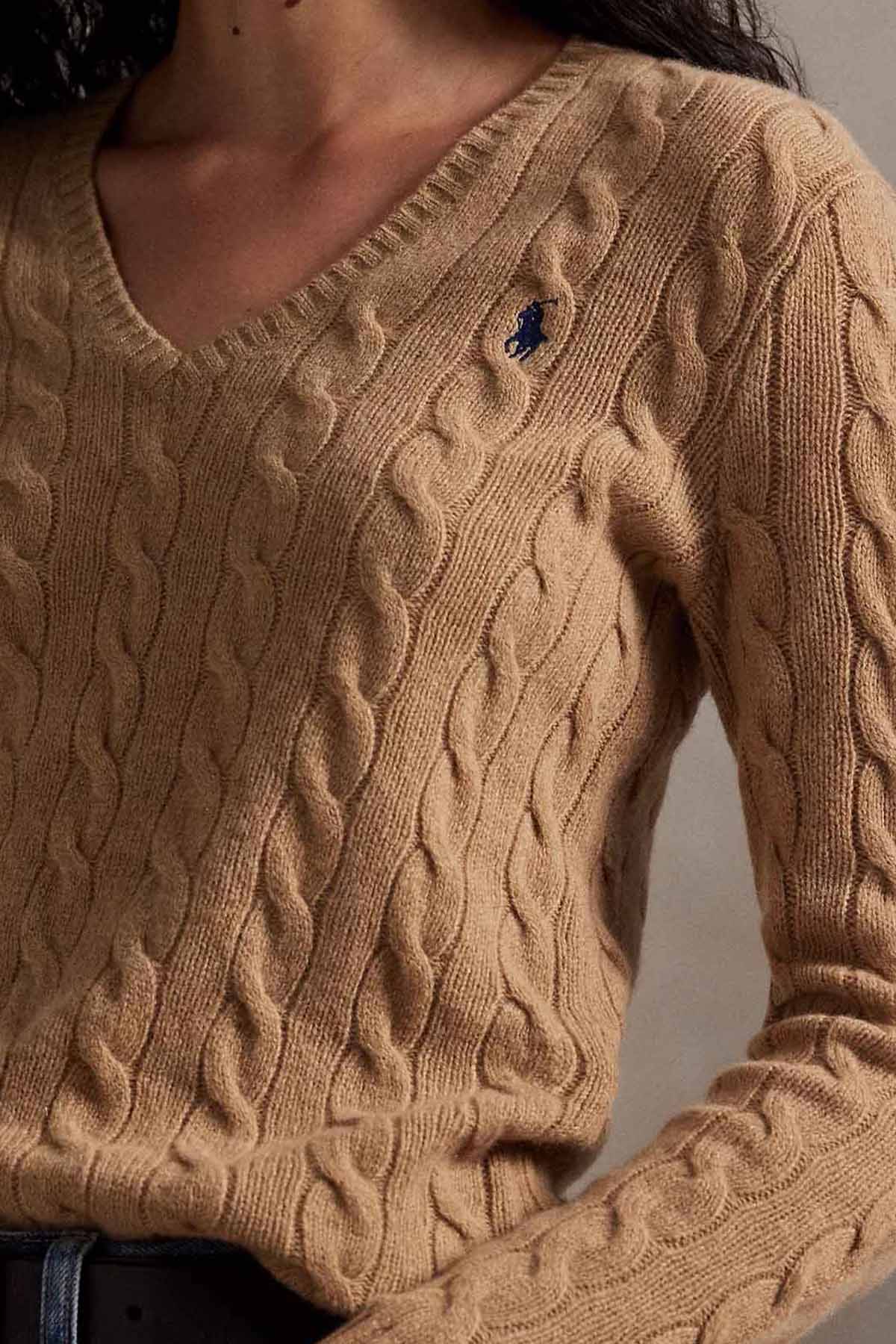 Polo Ralph Lauren Slim Fit V Yaka Saç Örgü Kaşmir Yün Triko