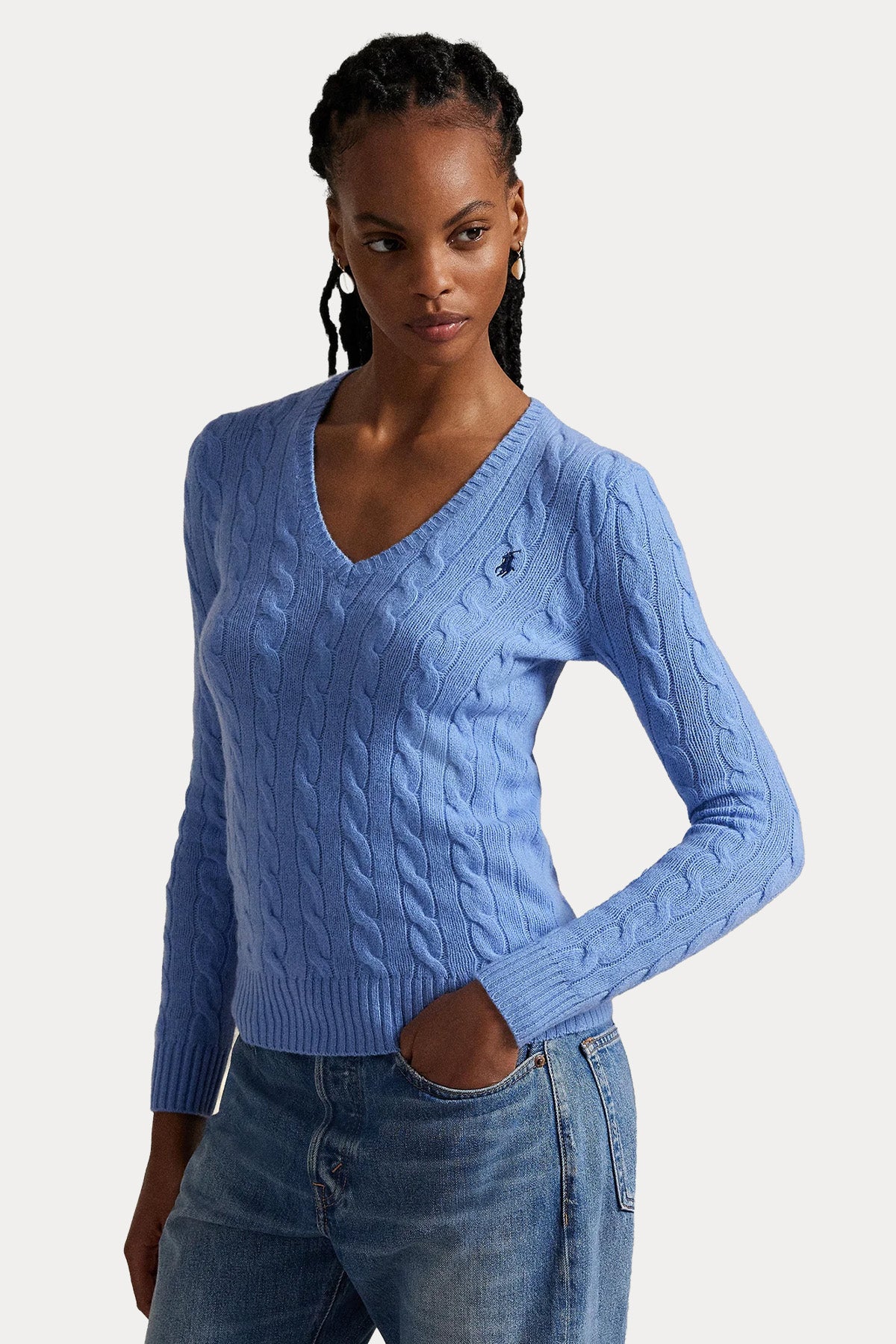 Polo Ralph Lauren Slim Fit V Yaka Saç Örgü Kaşmir Yün Triko