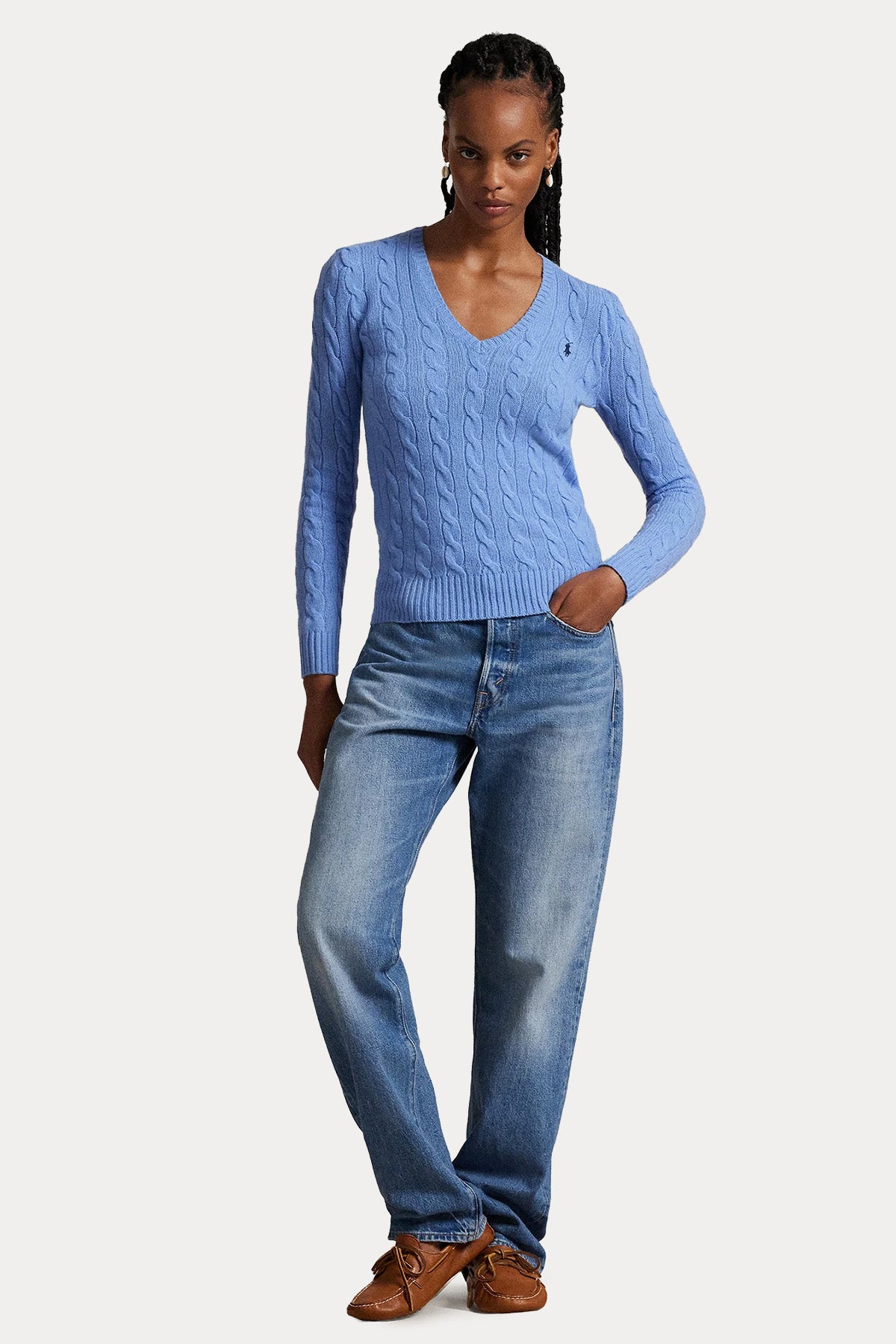 Polo Ralph Lauren Slim Fit V Yaka Saç Örgü Kaşmir Yün Triko