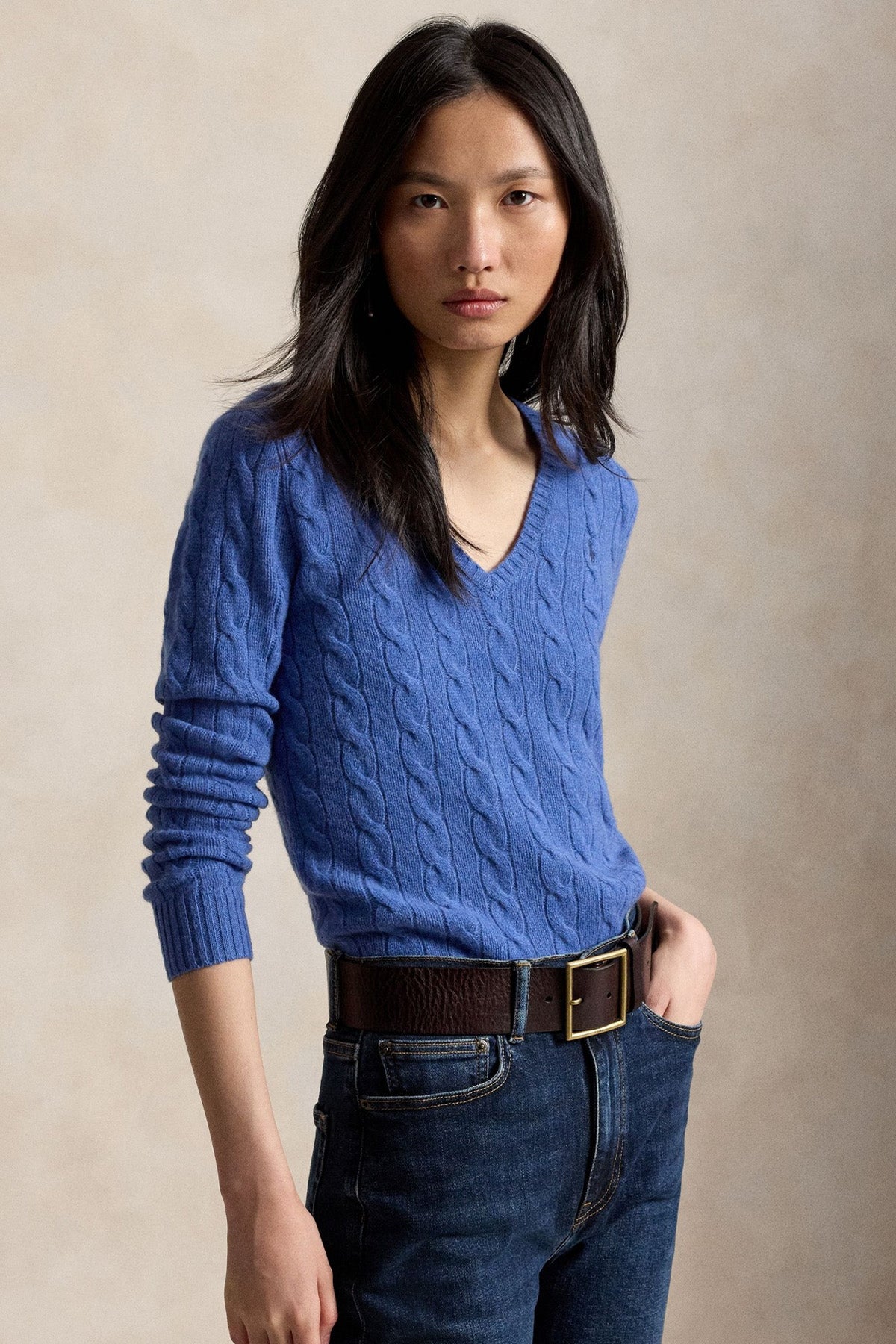Polo Ralph Lauren Slim Fit V Yaka Saç Örgü Kaşmir Yün Triko