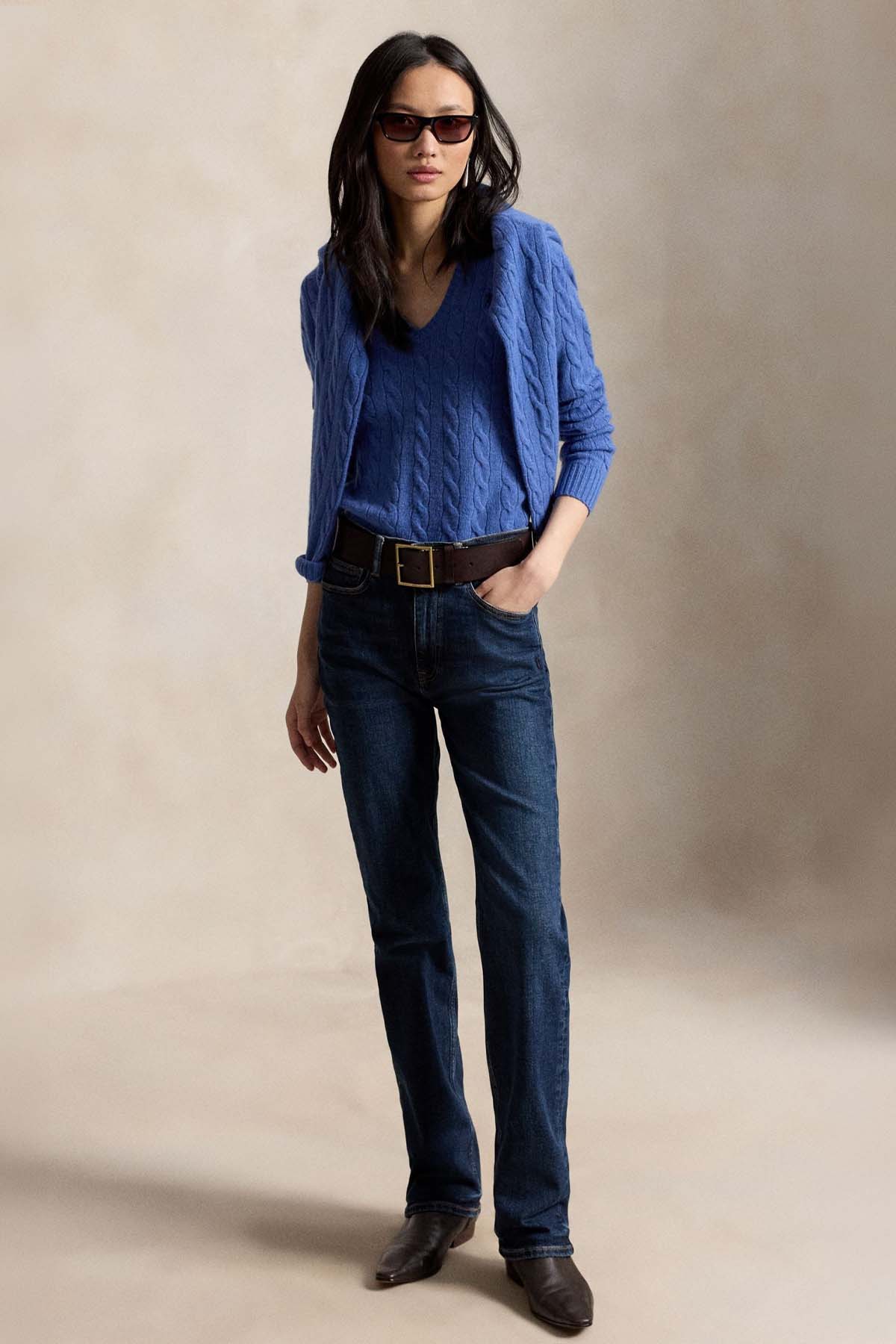 Polo Ralph Lauren Slim Fit V Yaka Saç Örgü Kaşmir Yün Triko