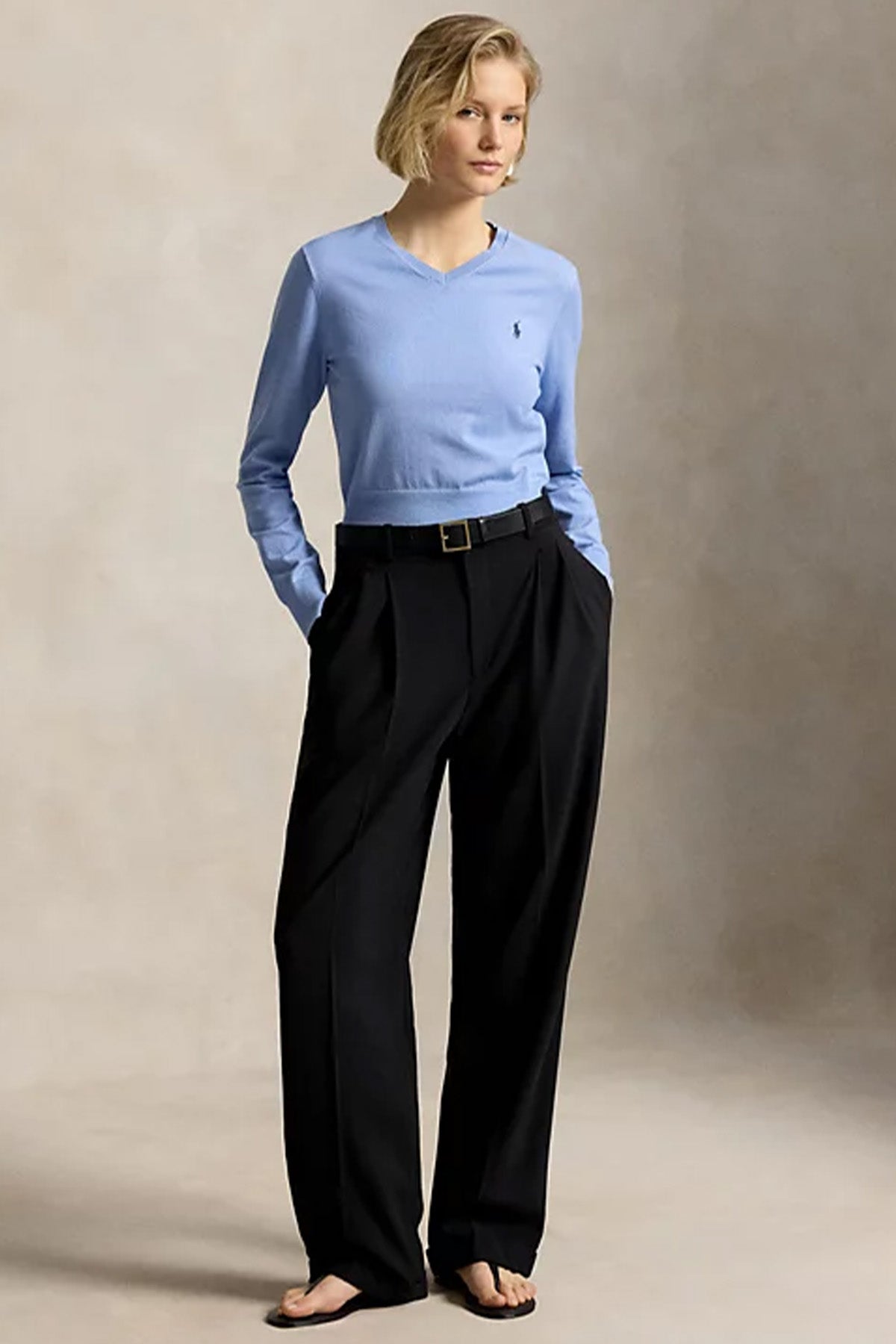 Polo Ralph Lauren Cropped Slim Fit V Yaka İnce Örgü Triko