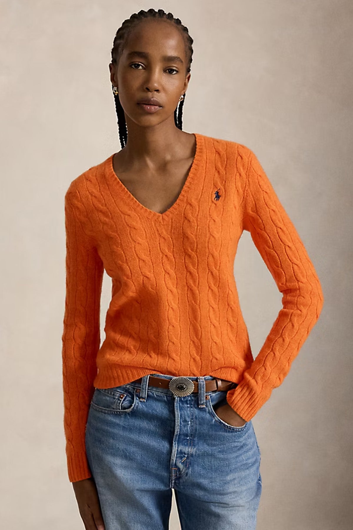 Polo Ralph Lauren Slim Fit V Yaka Saç Örgü Kaşmir Yün Triko