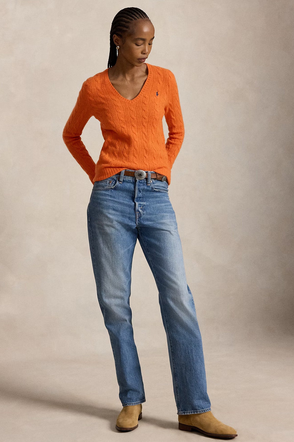Polo Ralph Lauren Slim Fit V Yaka Saç Örgü Kaşmir Yün Triko