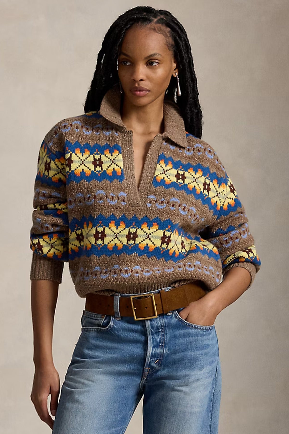 Polo Ralph Lauren Relaxed Fit Fair Isle Desenli Polo V Yaka Yün Triko