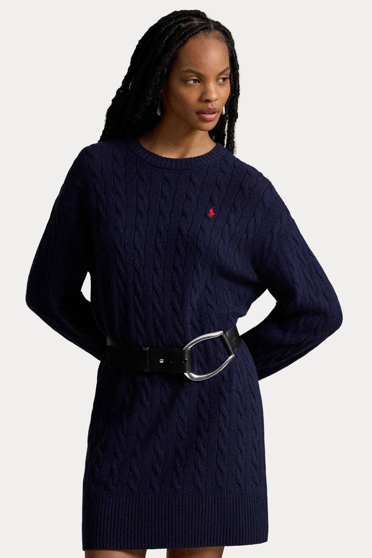 Polo Ralph Lauren Relaxed Fit Kaşmir Saç Örgü Mini Yün Triko Elbise