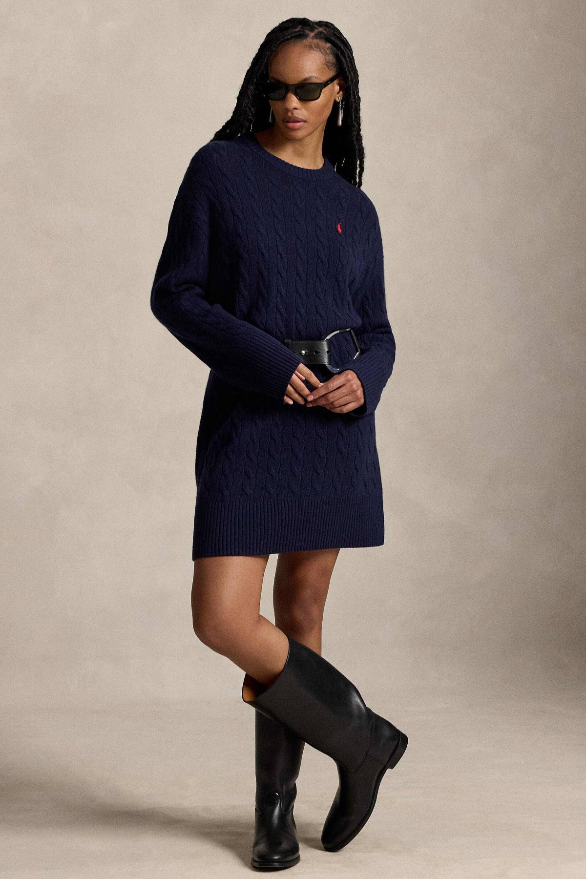 Polo Ralph Lauren Relaxed Fit Kaşmir Saç Örgü Mini Yün Triko Elbise
