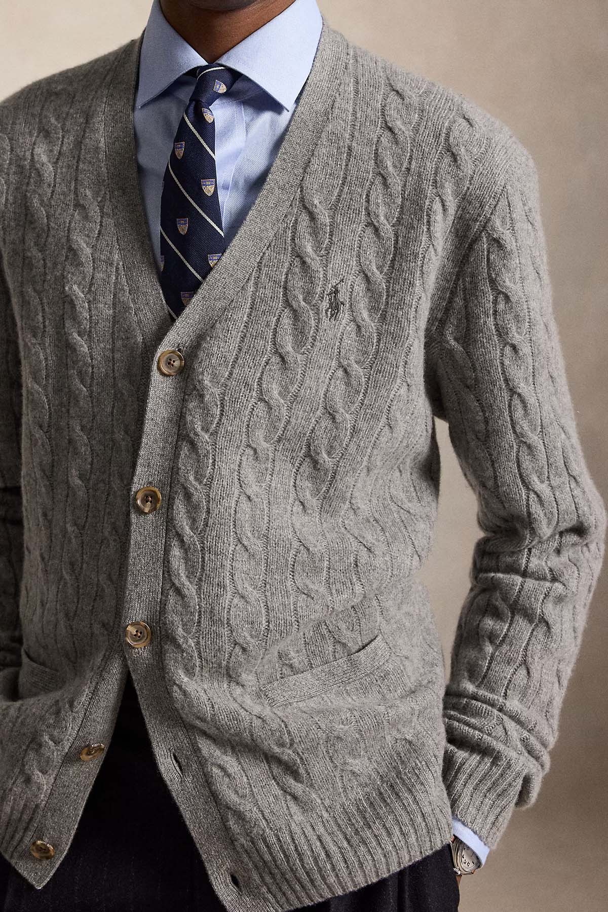 Polo Ralph Lauren V Yaka Saç Örgü Kaşmir Yün Triko Ceket