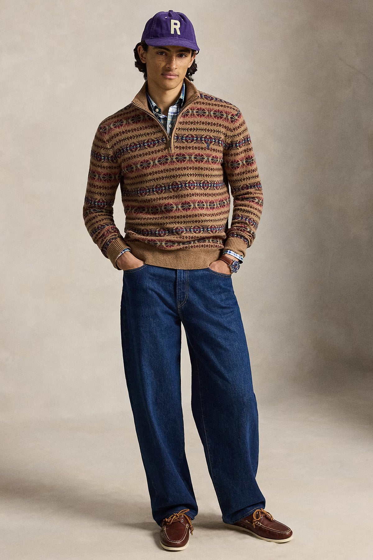 Polo Ralph Lauren Fire Isle Desenli Fermuarlı Dik Yaka Örgü Yün Triko
