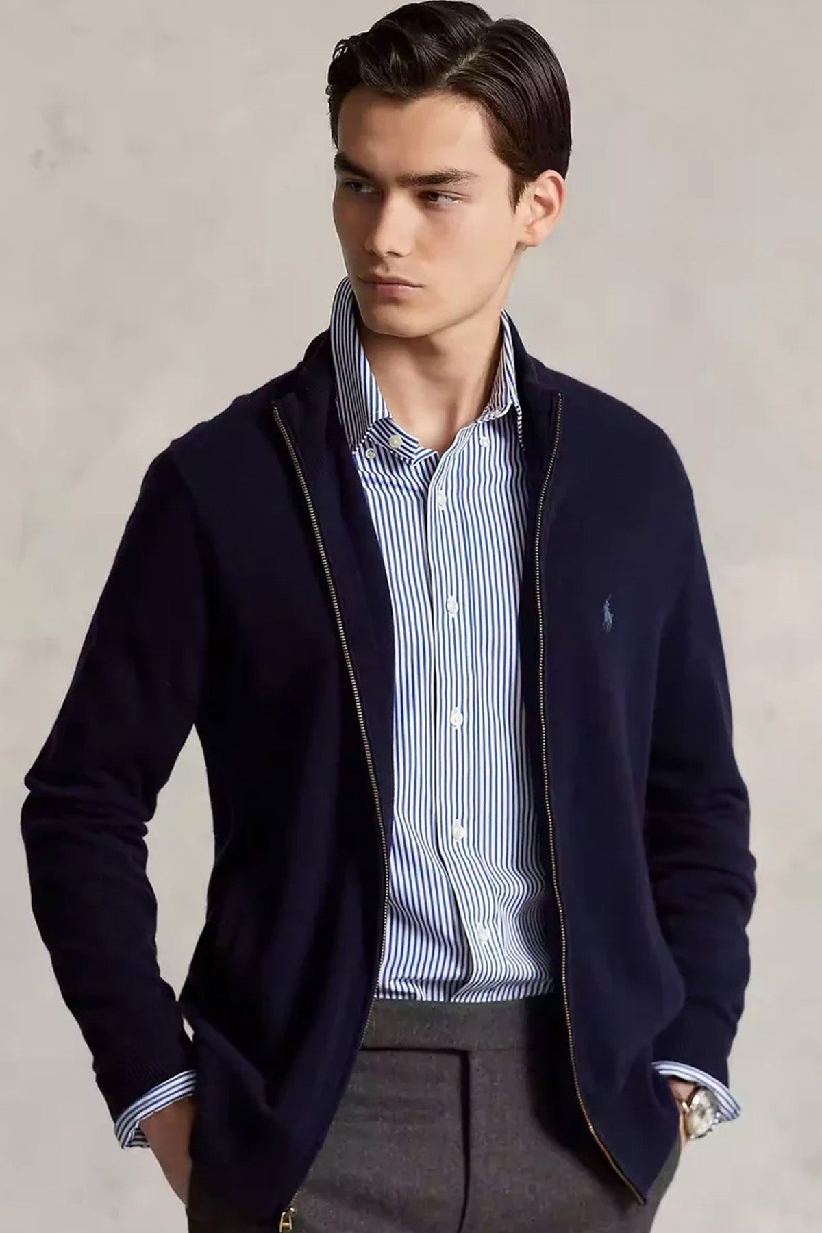 Polo Ralph Lauren Dik Yaka Fermuarlı Yün Triko Ceket