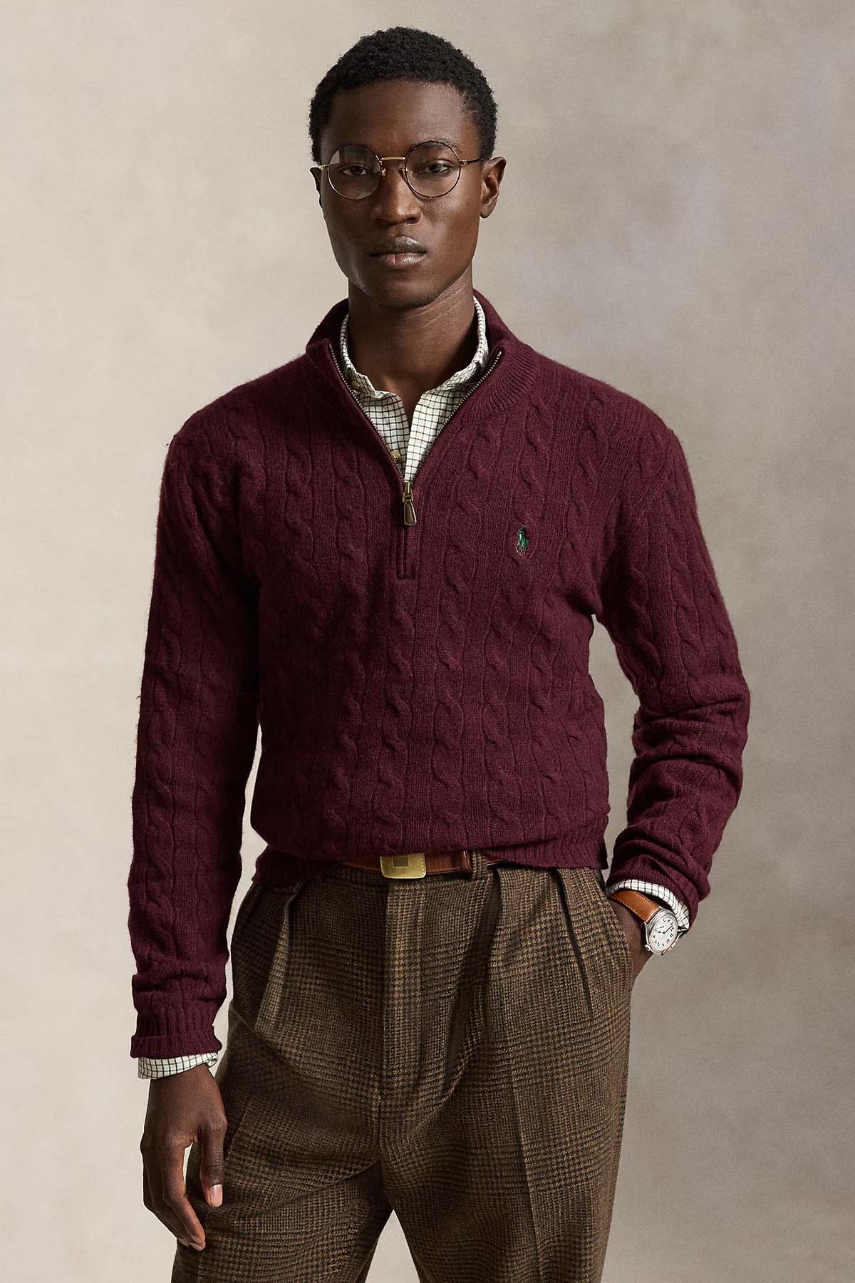 Polo Ralph Lauren Yarım Fermuarlı Dik Yaka Saç Örgü Kaşmir Yün Triko