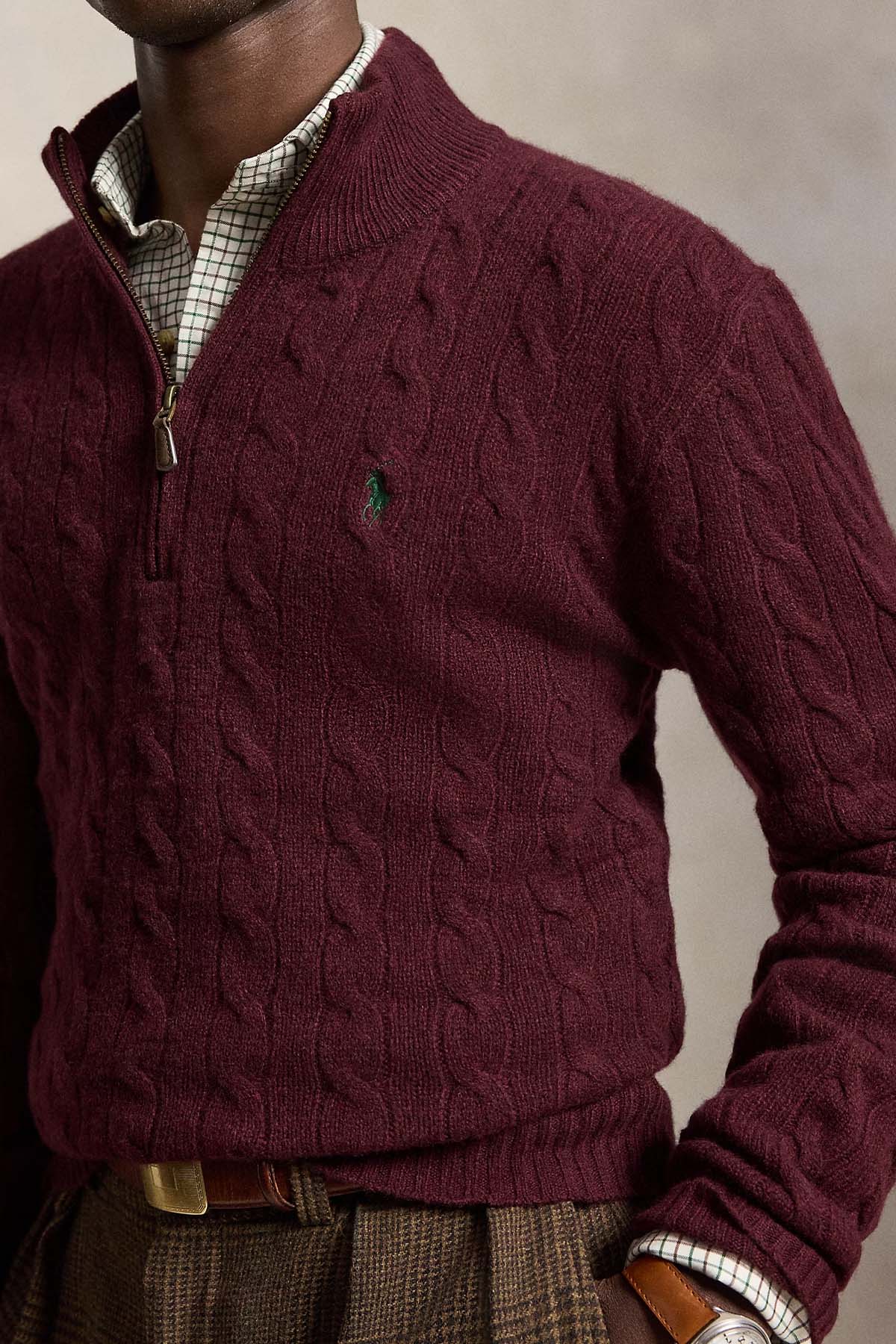 Polo Ralph Lauren Yarım Fermuarlı Dik Yaka Saç Örgü Kaşmir Yün Triko