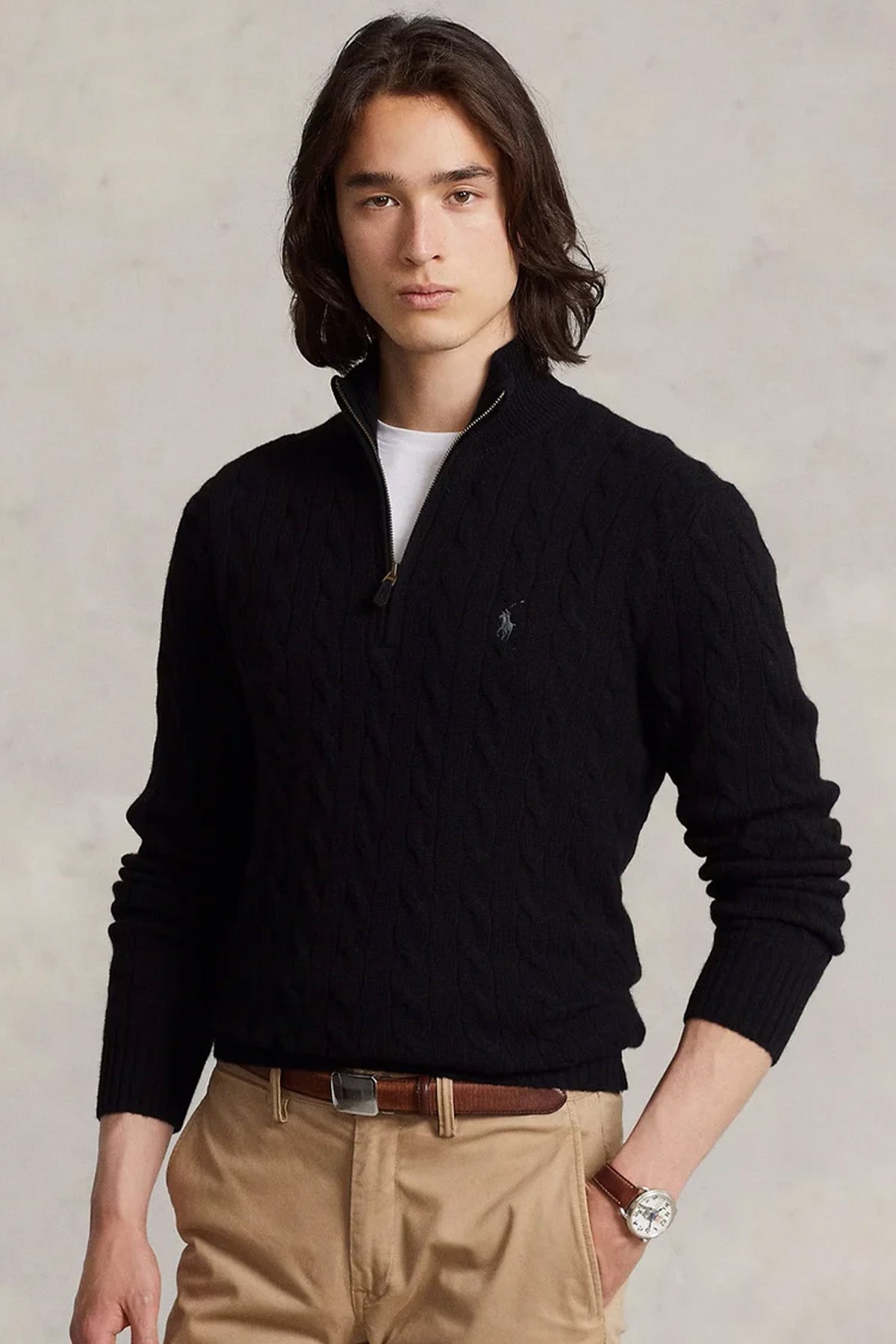 Polo Ralph Lauren Yarım Fermuarlı Dik Yaka Saç Örgü Kaşmir Yün Triko