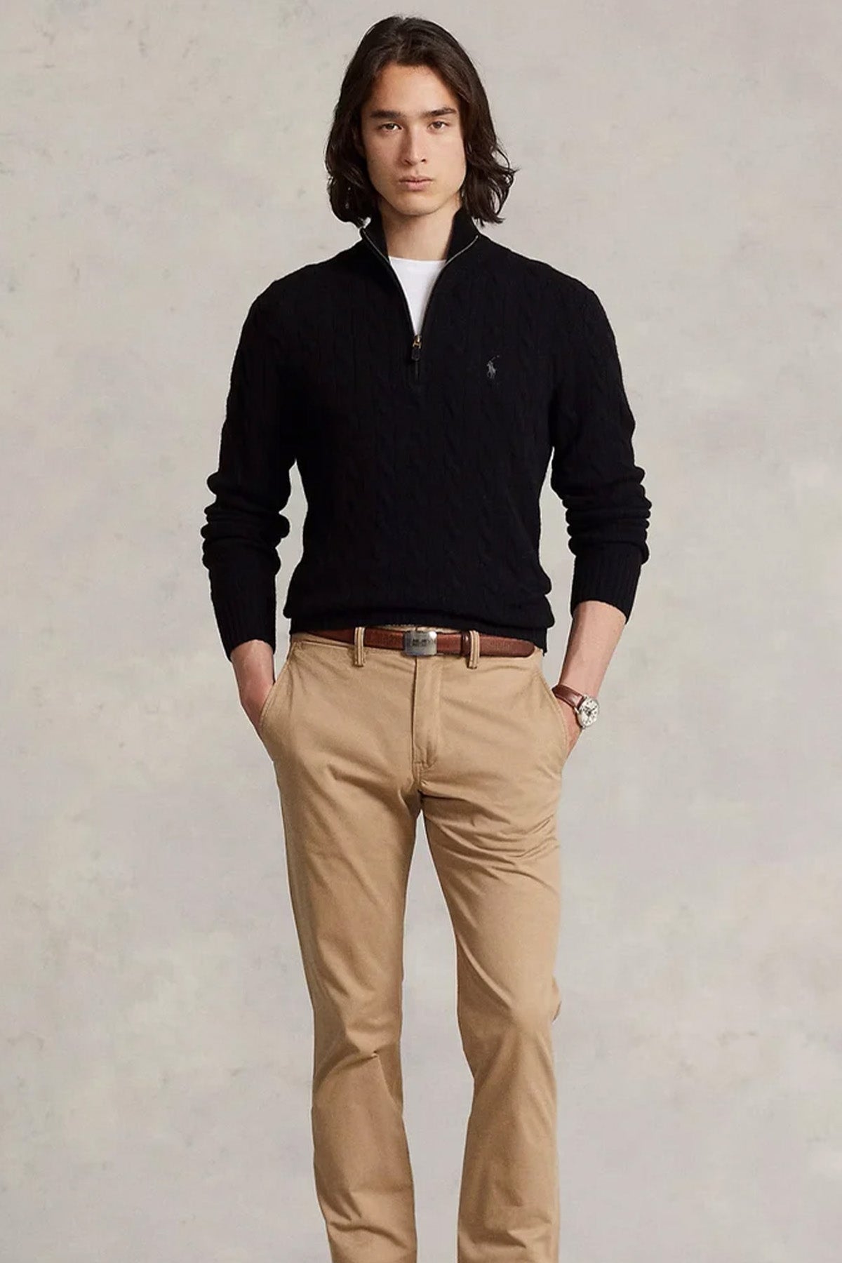 Polo Ralph Lauren Yarım Fermuarlı Dik Yaka Saç Örgü Kaşmir Yün Triko