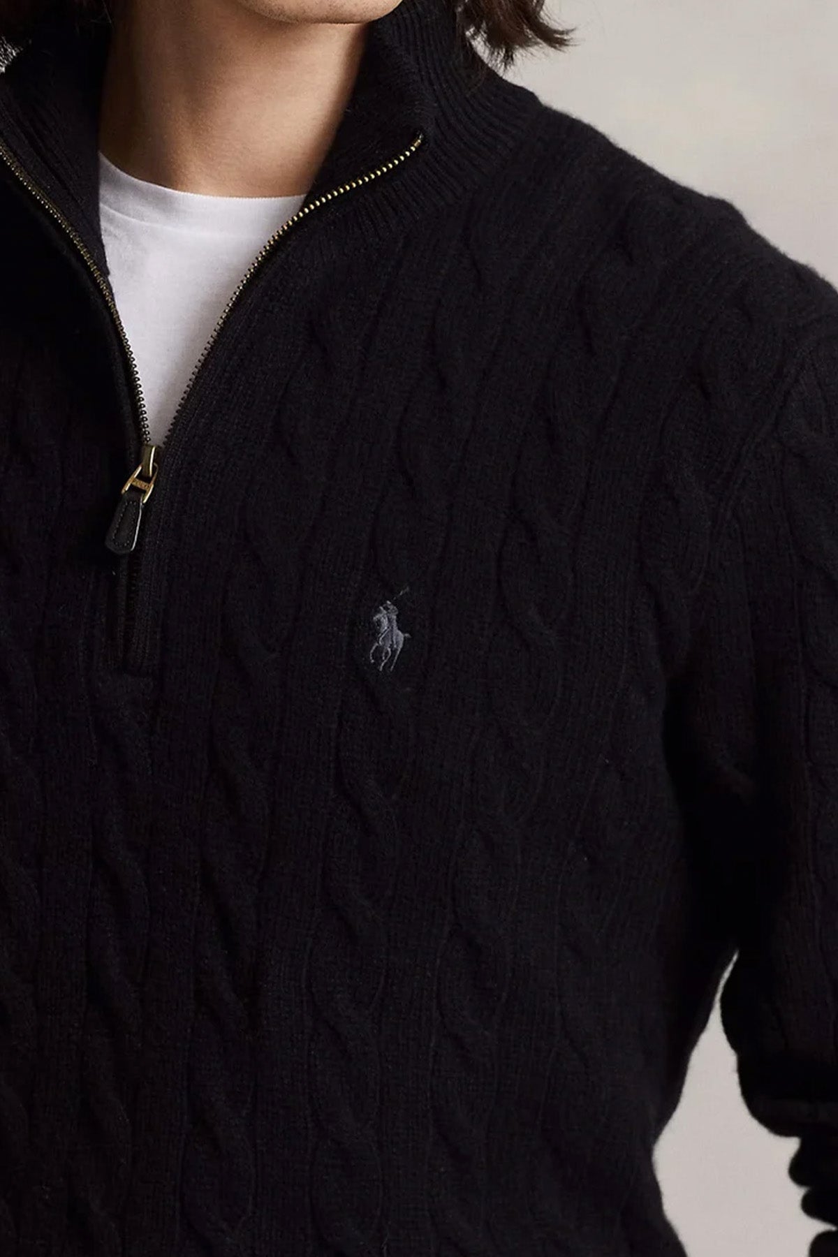 Polo Ralph Lauren Yarım Fermuarlı Dik Yaka Saç Örgü Kaşmir Yün Triko