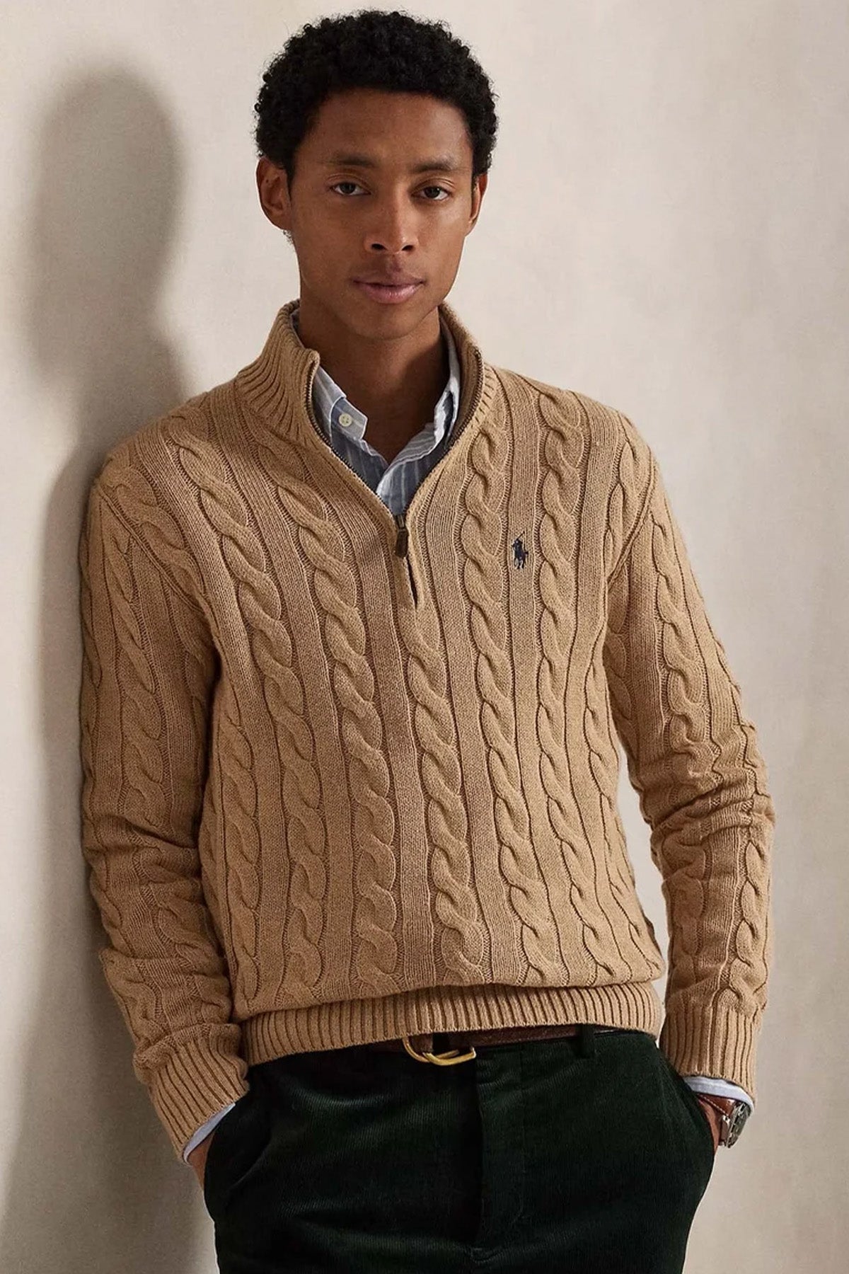 Polo Ralph Lauren Yarım Fermuarlı Dik Yaka Saç Örgü Triko