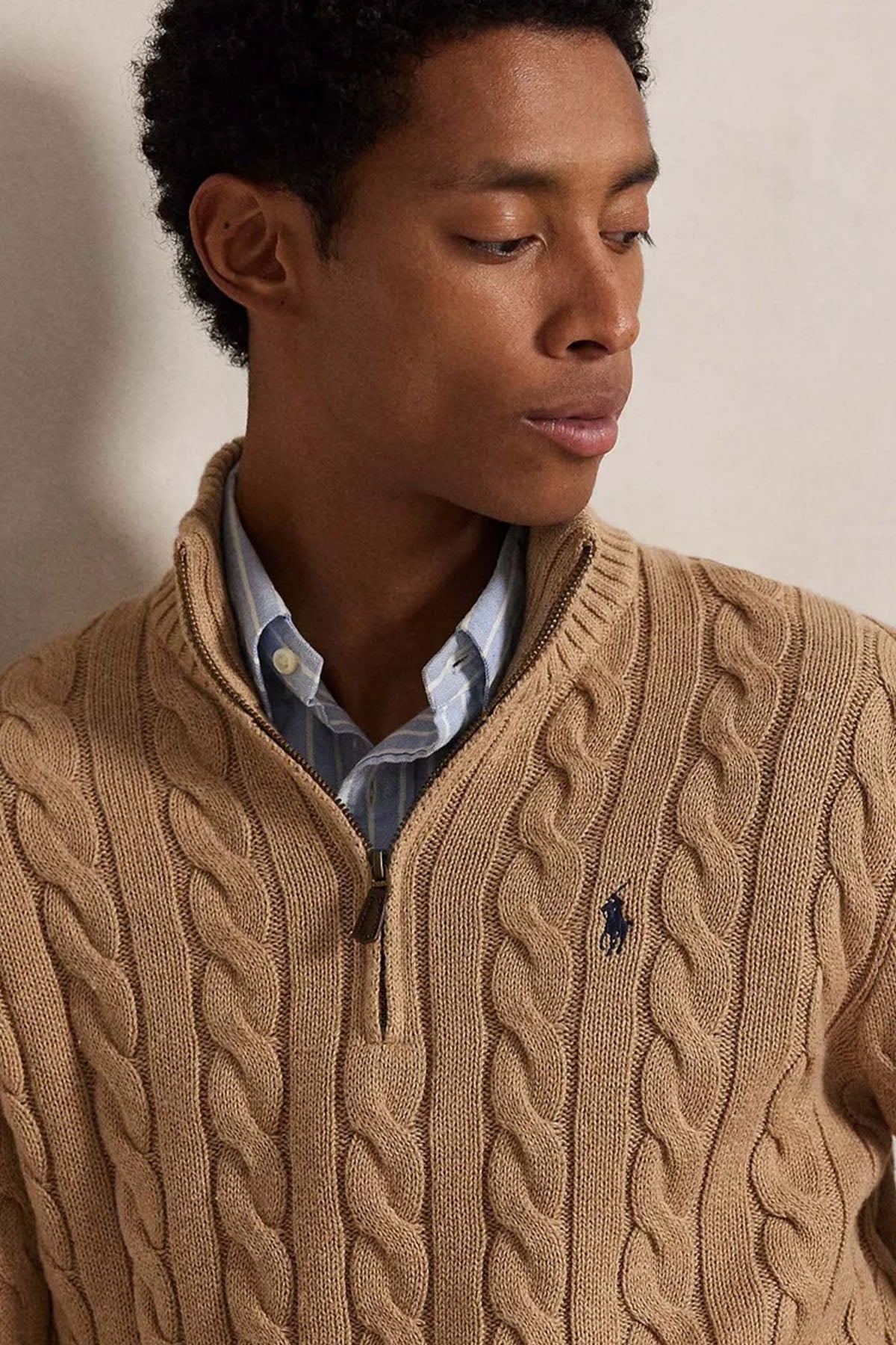 Polo Ralph Lauren Yarım Fermuarlı Dik Yaka Saç Örgü Triko