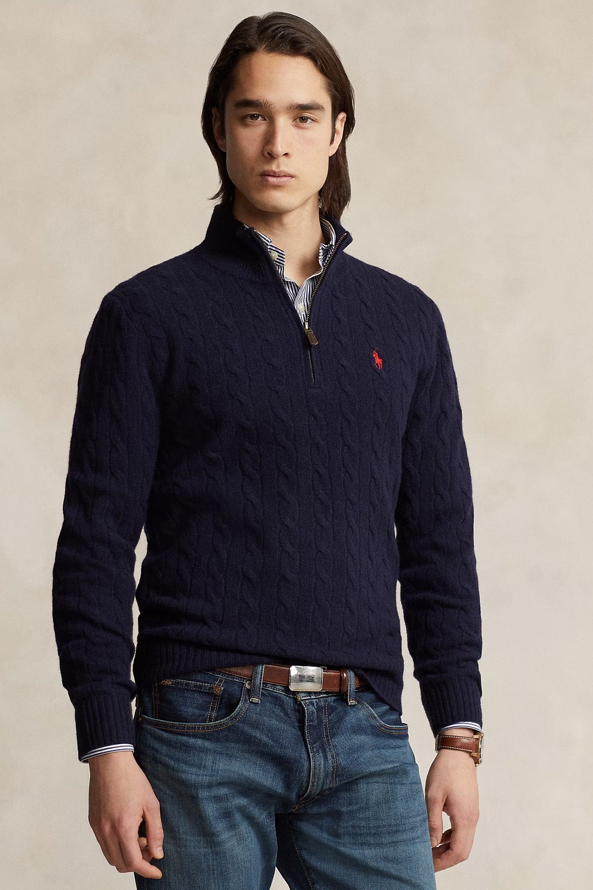 Polo Ralph Lauren Yarım Fermuarlı Dik Yaka Kaşmir Saç Örgü Yün Triko