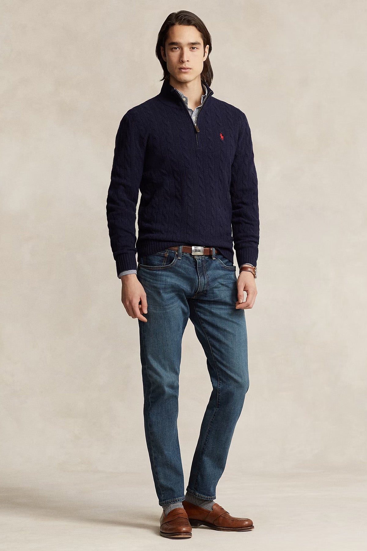 Polo Ralph Lauren Yarım Fermuarlı Dik Yaka Kaşmir Saç Örgü Yün Triko