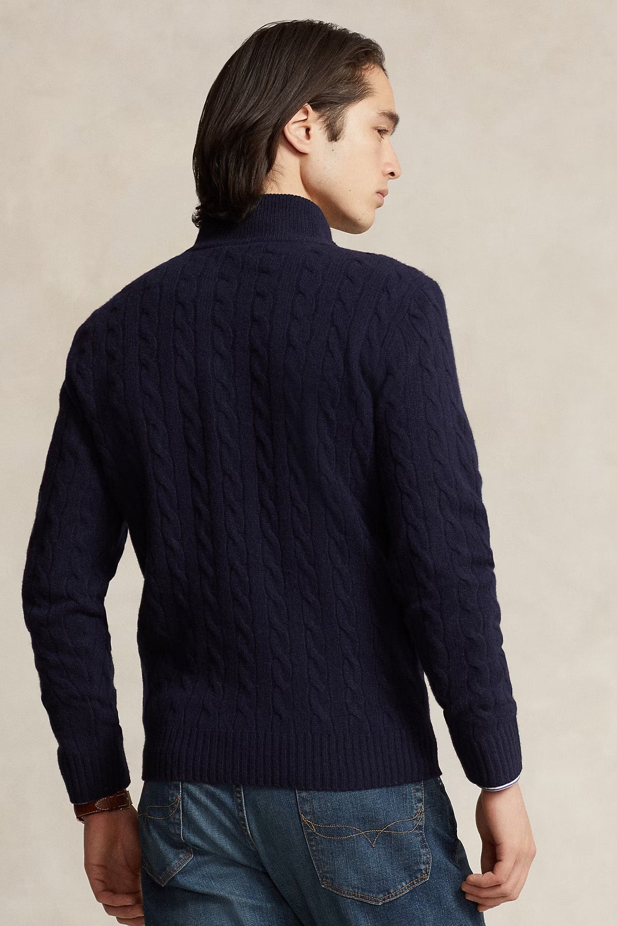 Polo Ralph Lauren Yarım Fermuarlı Dik Yaka Kaşmir Saç Örgü Yün Triko