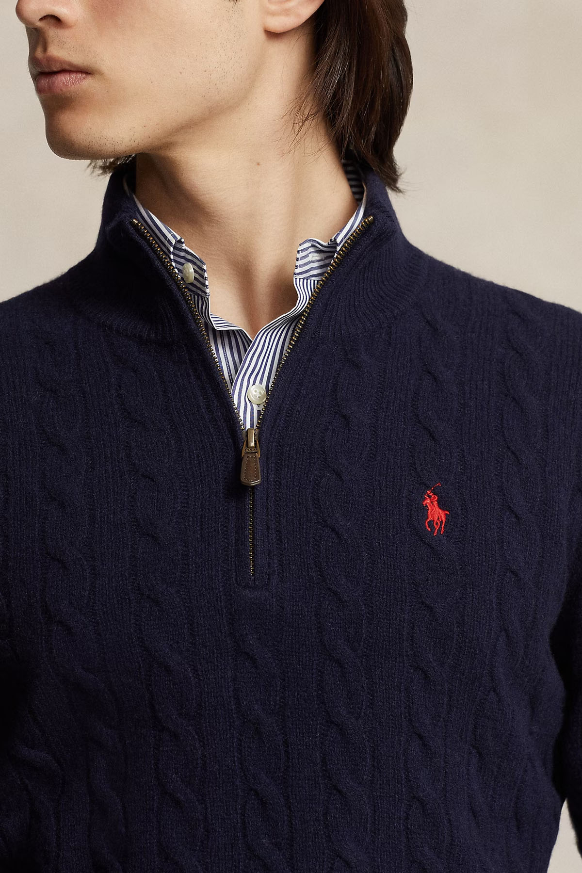 Polo Ralph Lauren Yarım Fermuarlı Dik Yaka Kaşmir Saç Örgü Yün Triko
