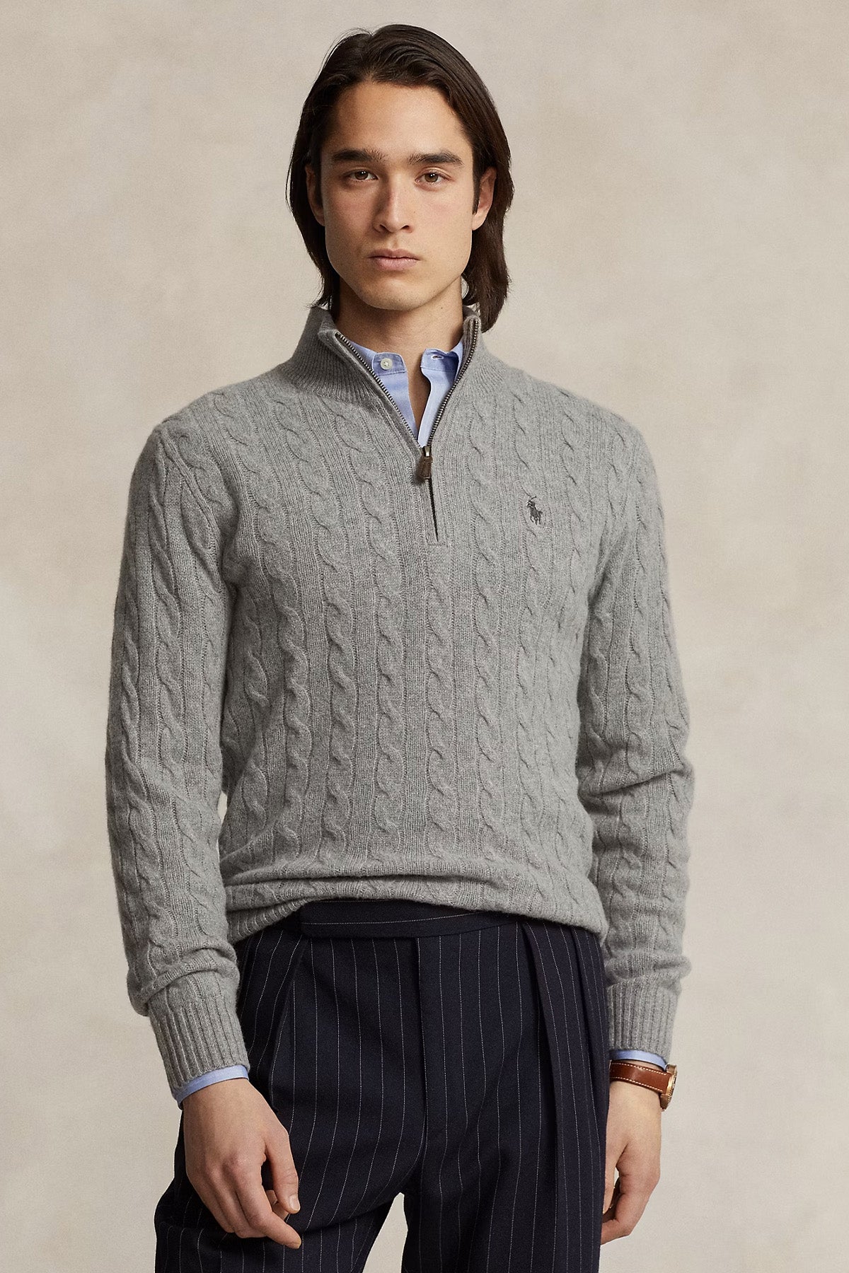 Polo Ralph Lauren Yarım Fermuarlı Dik Yaka Kaşmir Saç Örgü Yün Triko
