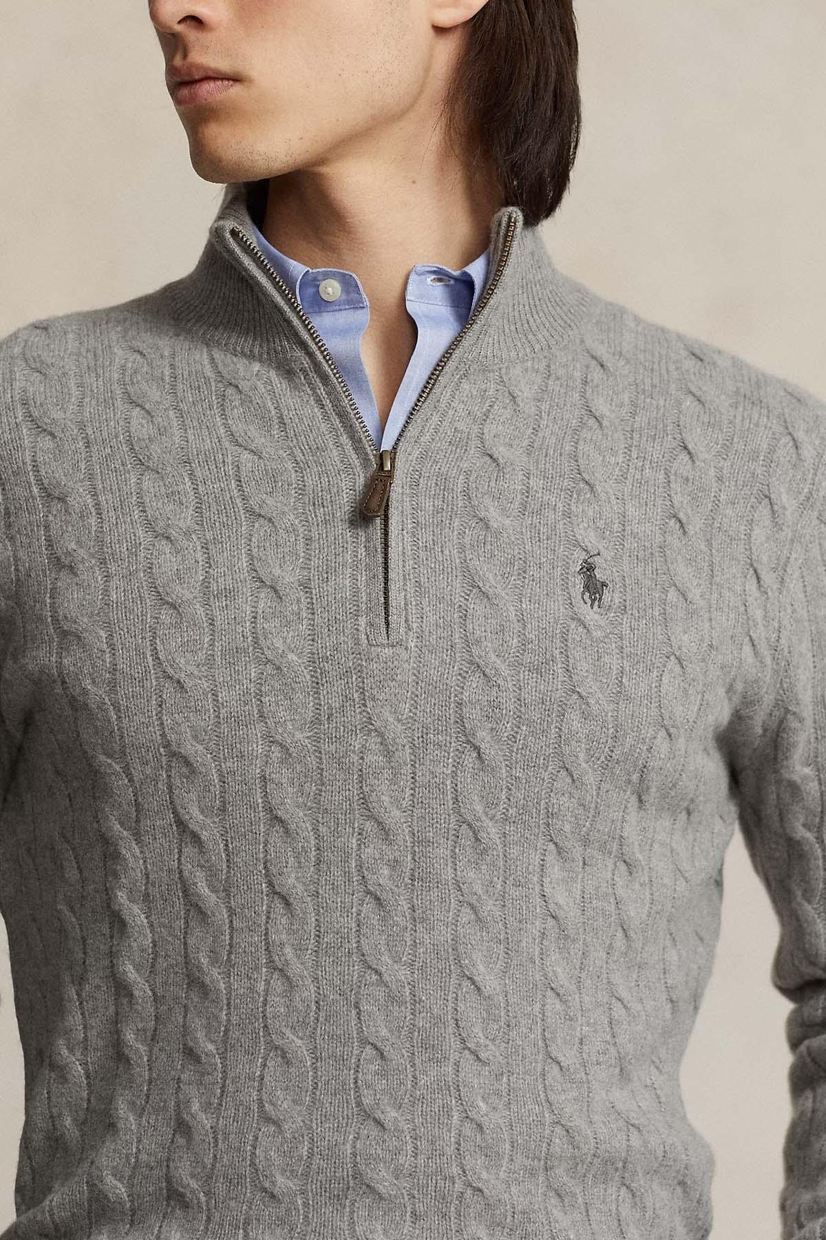 Polo Ralph Lauren Yarım Fermuarlı Dik Yaka Kaşmir Saç Örgü Yün Triko