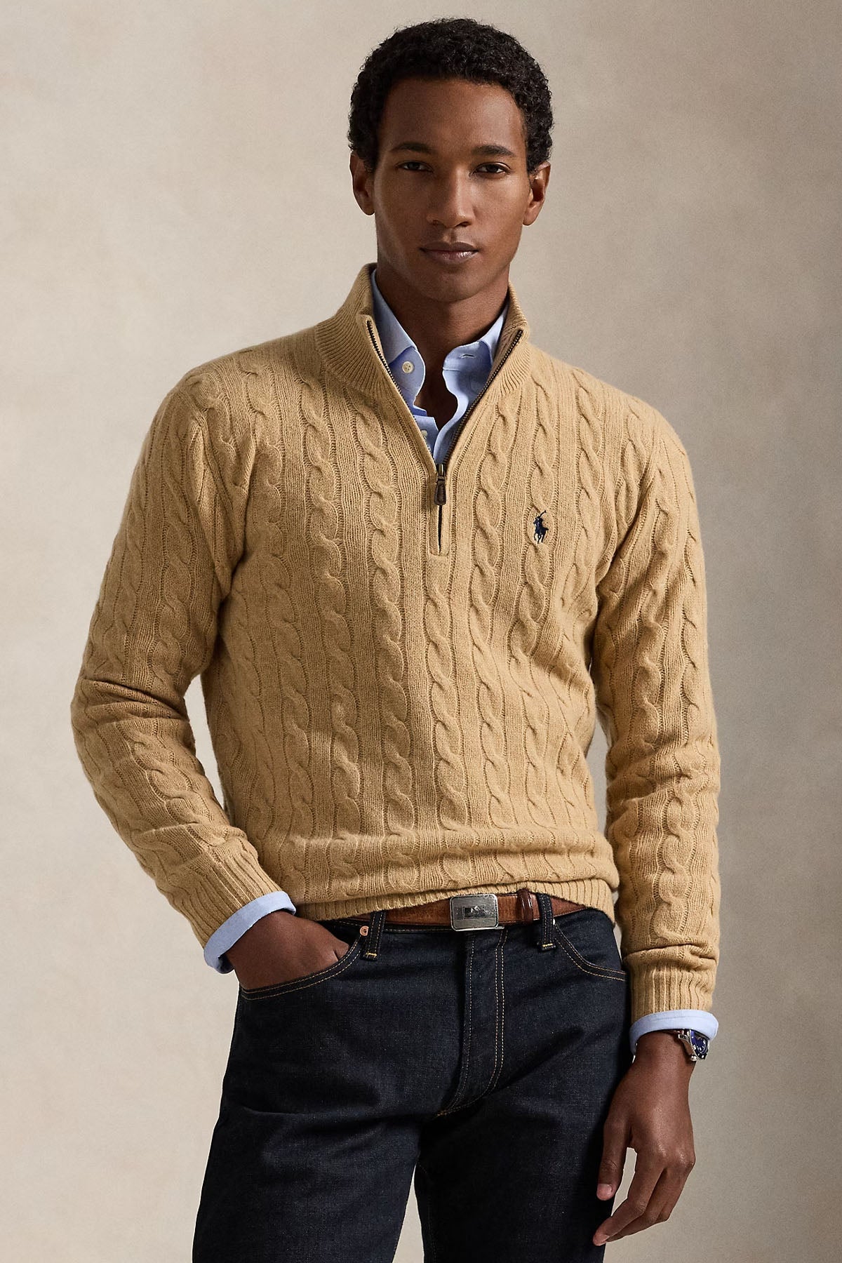 Polo Ralph Lauren Yarım Fermuarlı Dik Yaka Kaşmir Saç Örgü Yün Triko
